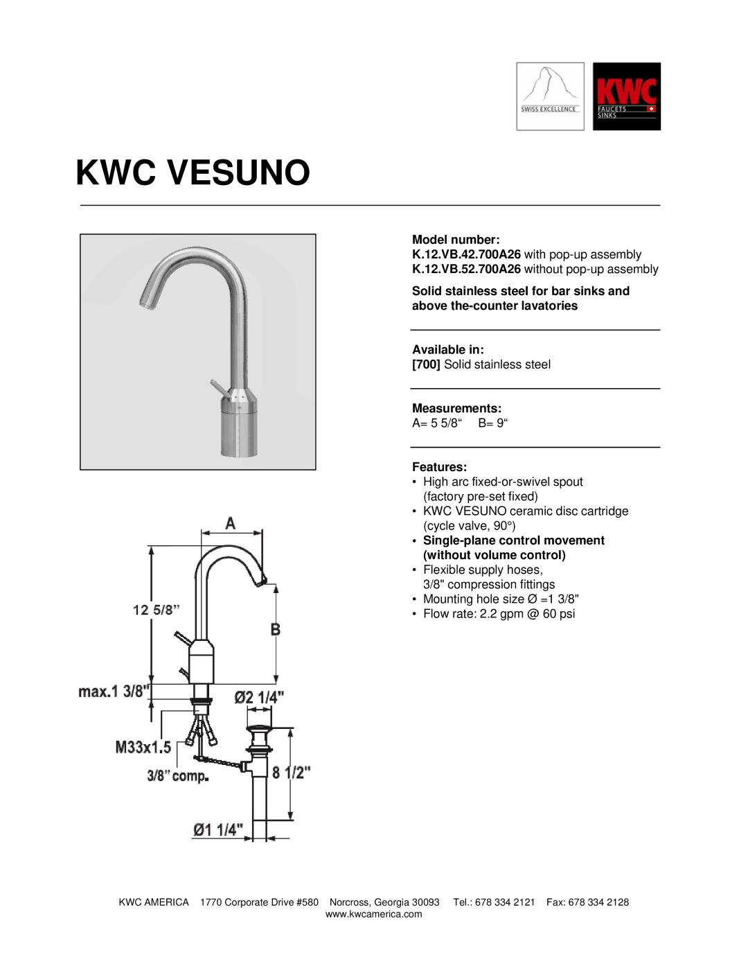 KWC K.12.VB.42.700A26 manual KWC Vesuno, Model number, Measurements, Features 