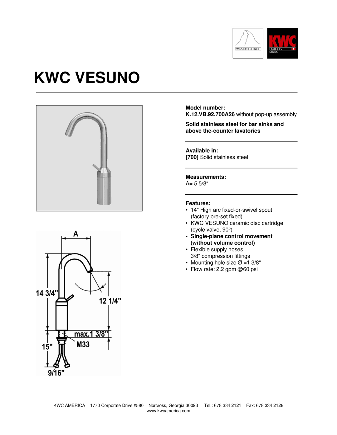 KWC K.12.VB.92.700A26 manual KWC Vesuno, Model number, Measurements, Features 