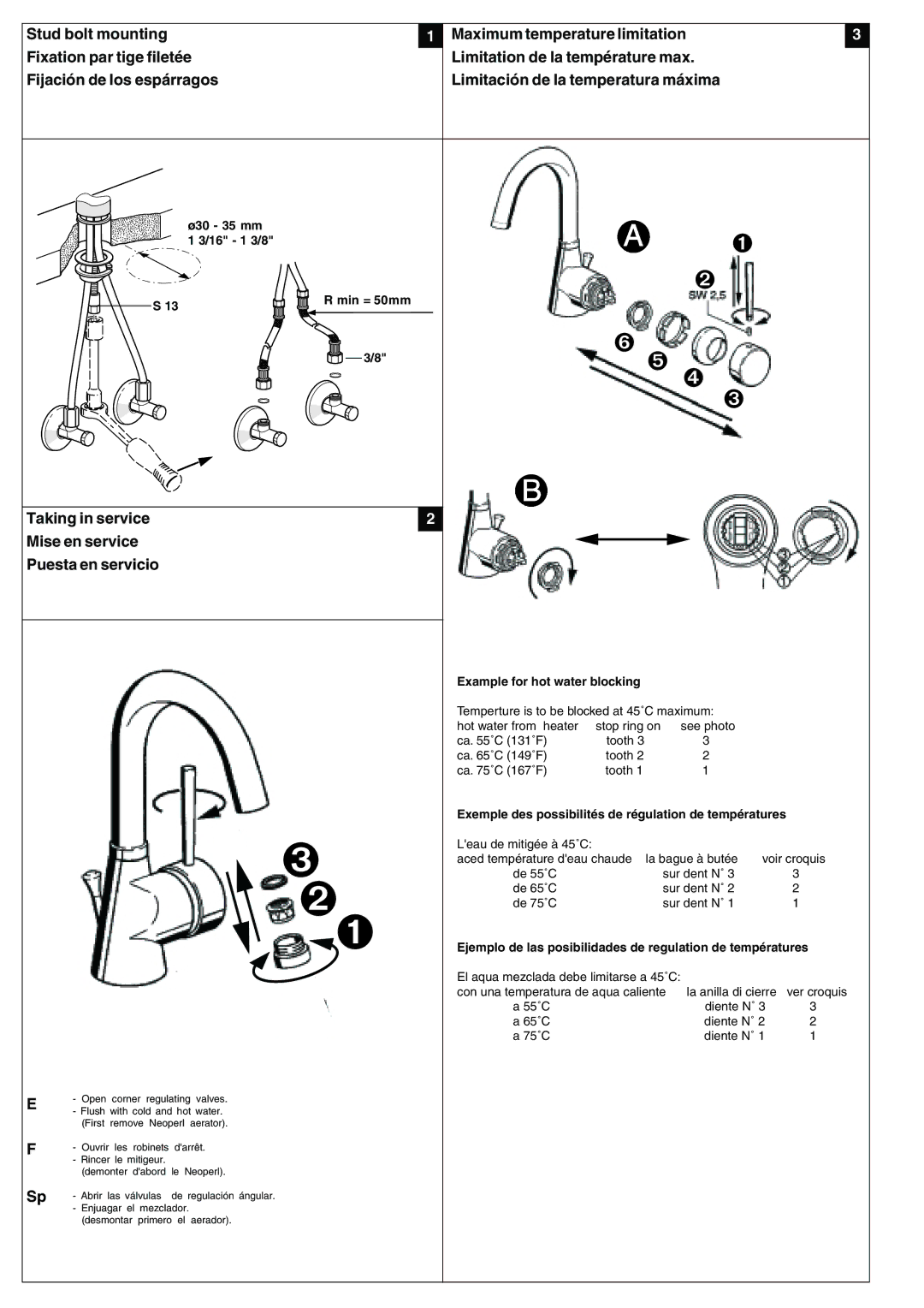 KWC K.12.H1.16, K.13.H1.42, K.11.H3.73 Taking in service Mise en service Puesta en servicio, Example for hot water blocking 