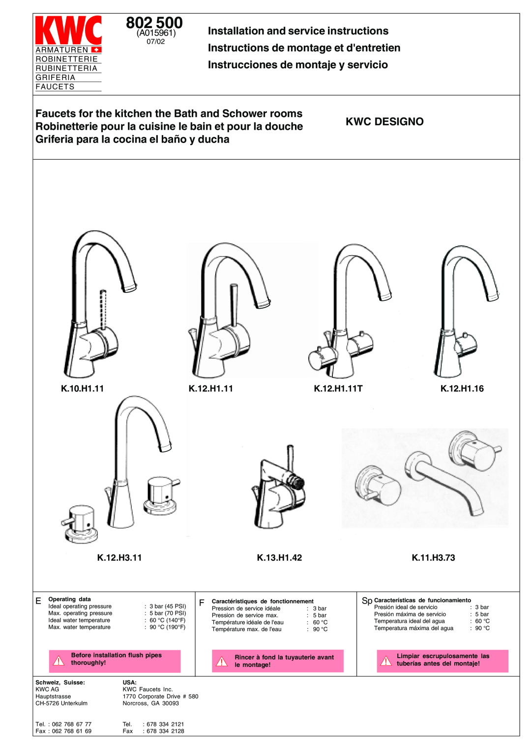 KWC K.12.H1.11T manual Installation and service instructions, Instructions de montage et dentretien, E Operating data 