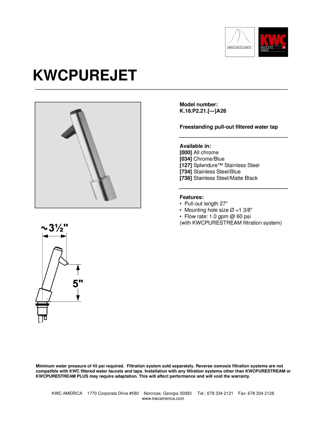 KWC K.18.P2.21 warranty Kwcpurejet, Features 