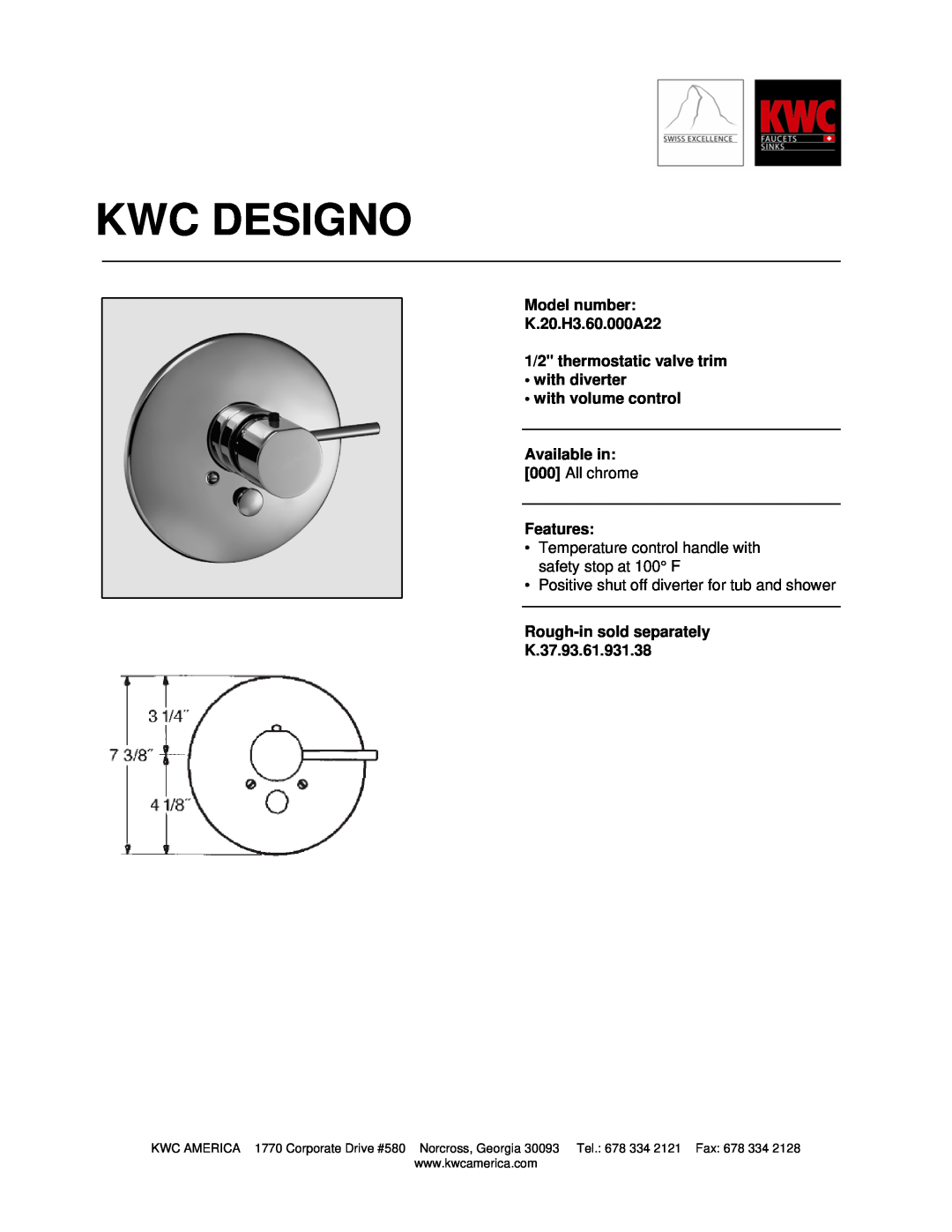 KWC manual Kwc Designo, Model number K.20.H3.60.000A22, 1/2 thermostatic valve trim with diverter, with volume control 