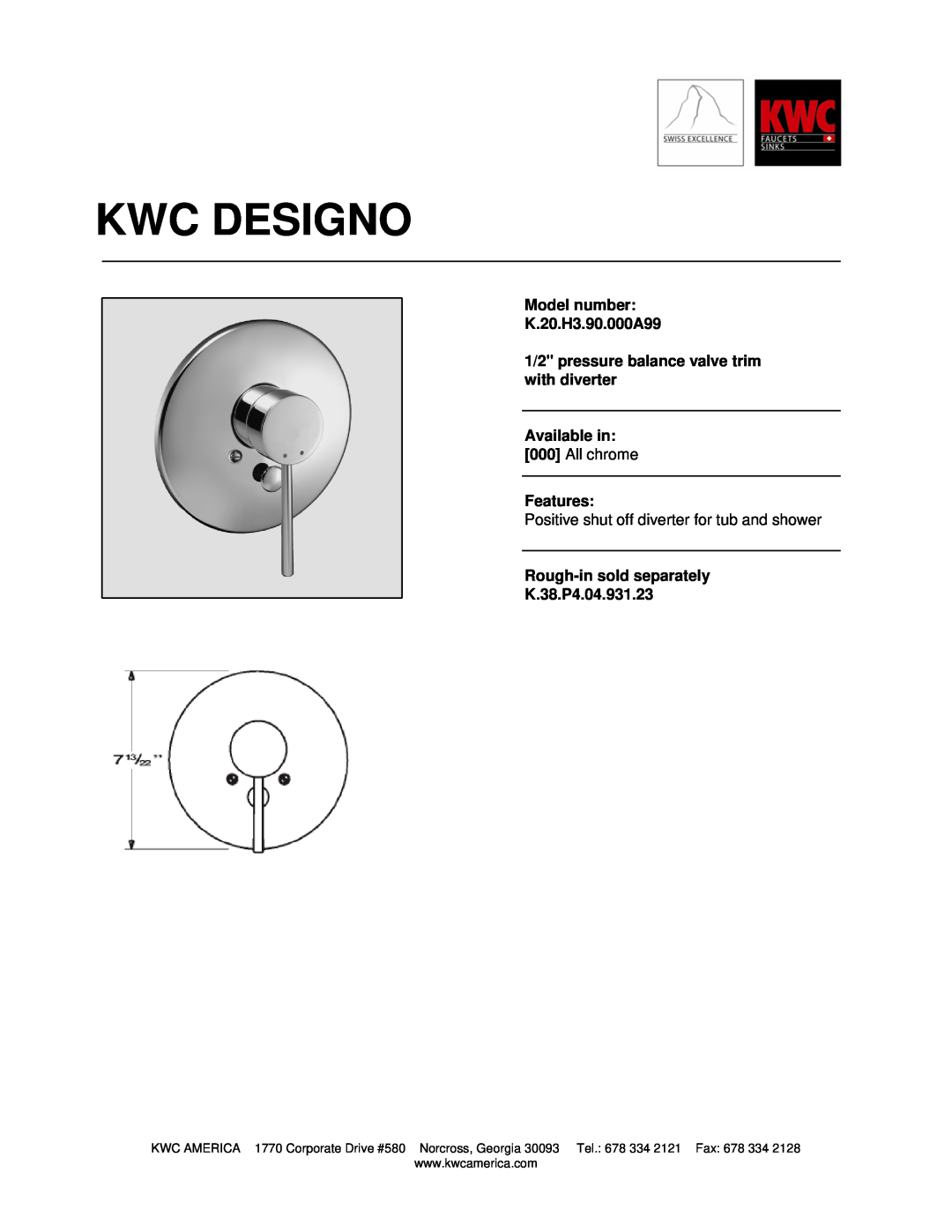 KWC manual Kwc Designo, Model number K.20.H3.90.000A99, 1/2 pressure balance valve trim with diverter 