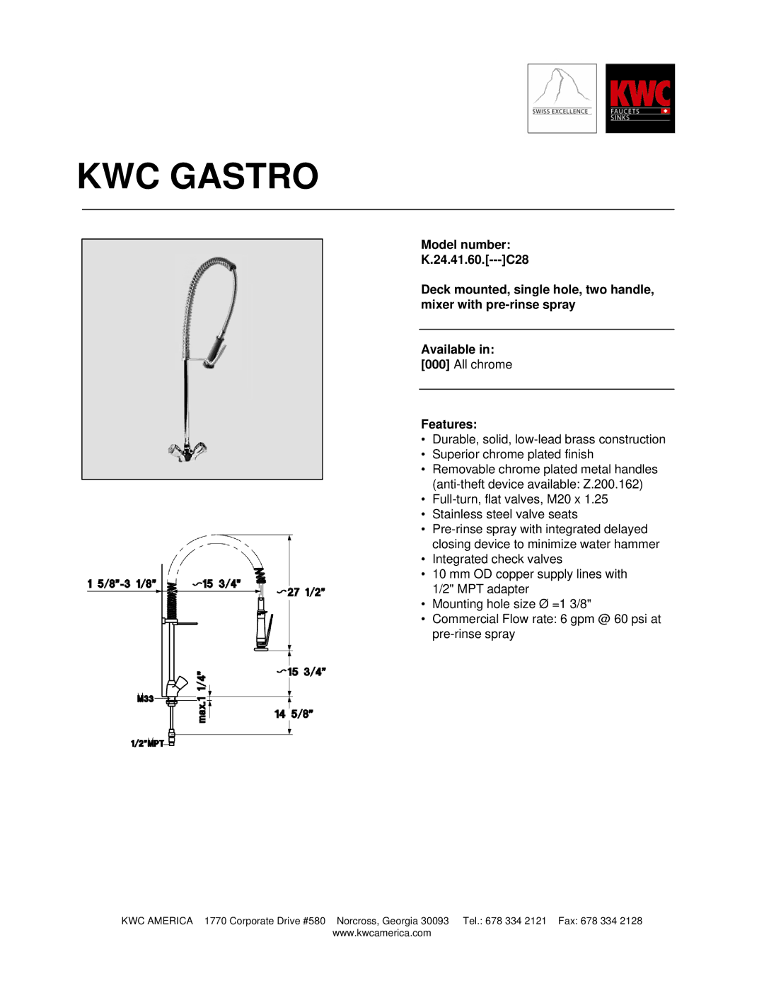 KWC K.24.41.60 manual KWC Gastro, Features 