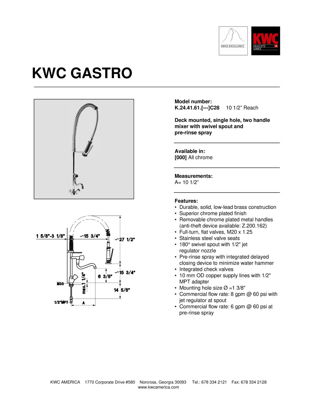 KWC K.24.41.61 manual KWC Gastro, Measurements, Features 