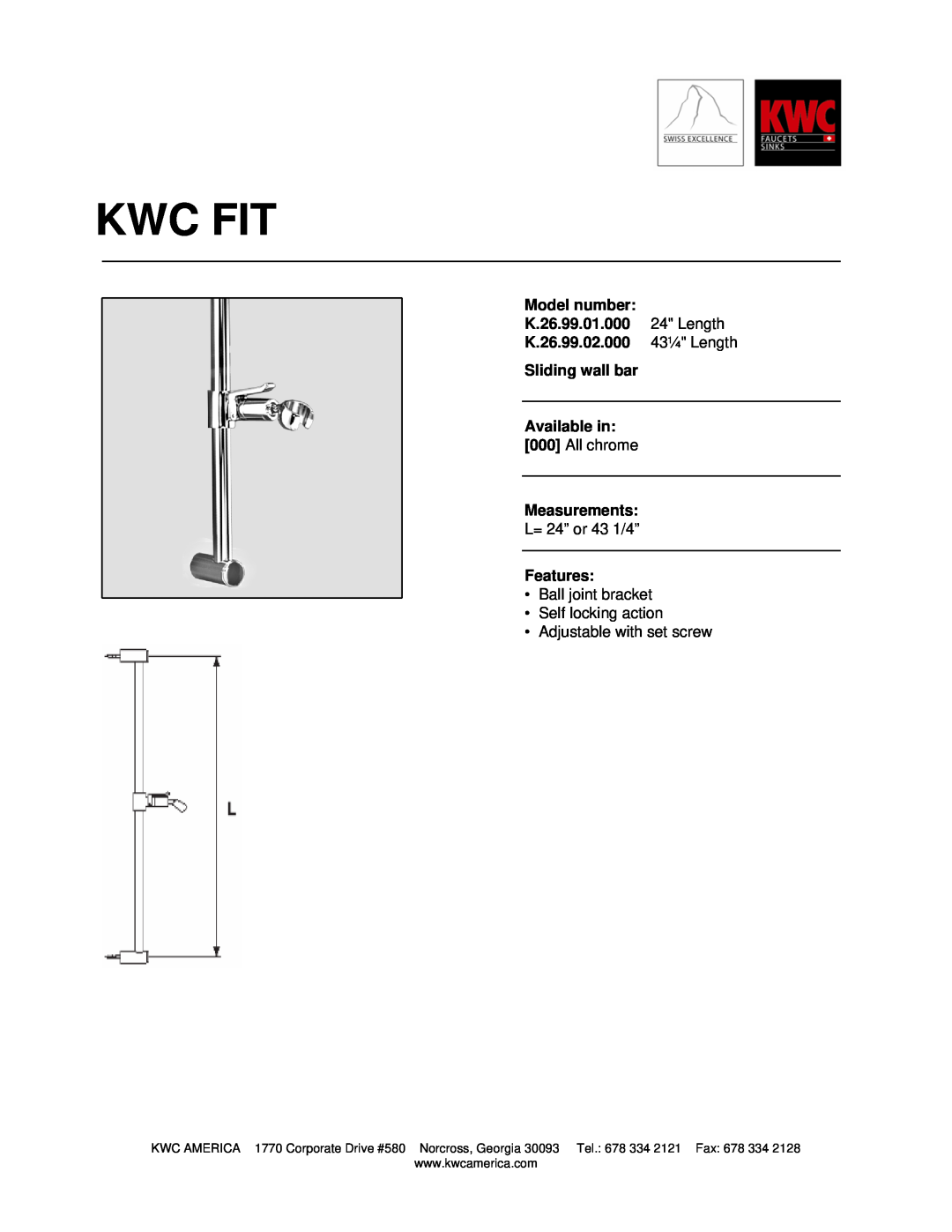 KWC K.26.99.01.000 manual Kwc Fit, Model number, K.26.99.02.000, Sliding wall bar, Available in, Measurements, Features 