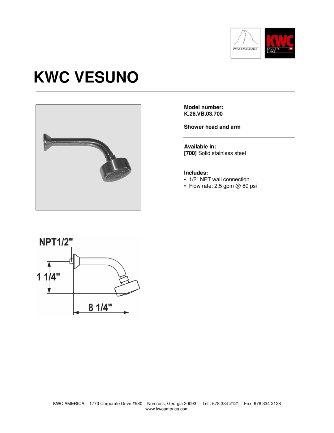 KWC K.26.VB.03.700 manual KWC Vesuno, Model number 26.VB.03.700 Shower head and arm Available, Includes 