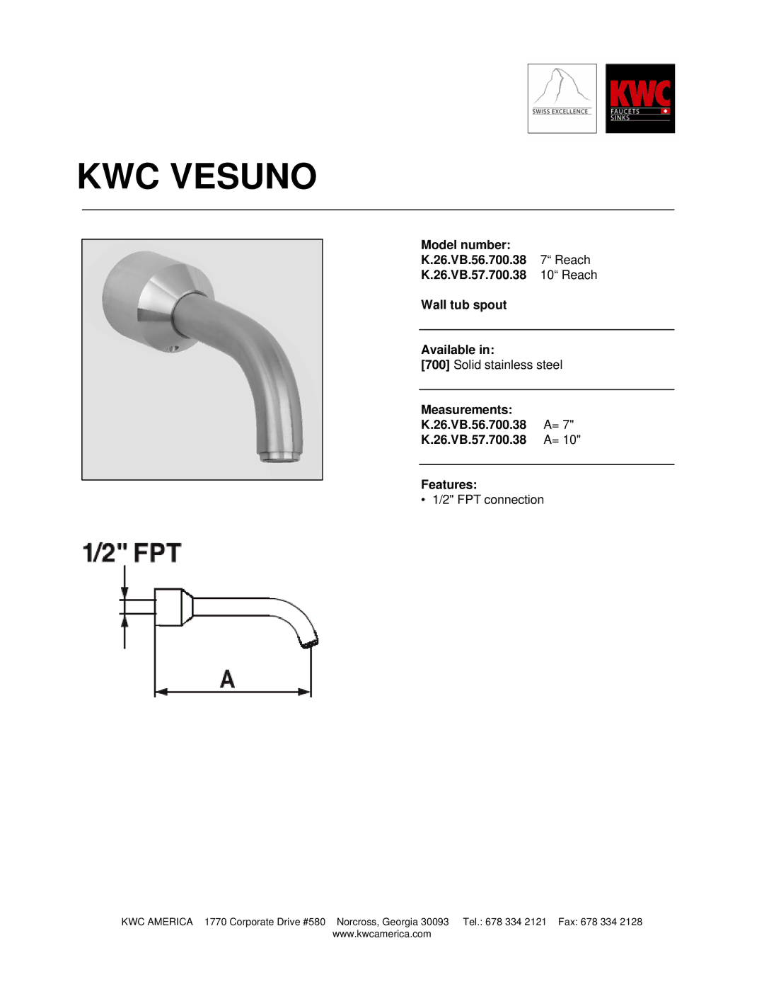 KWC K.26.VB.57.700.38 manual KWC Vesuno, Measurements 26.VB.56.700.38 26.VB.57.700.38 Features 