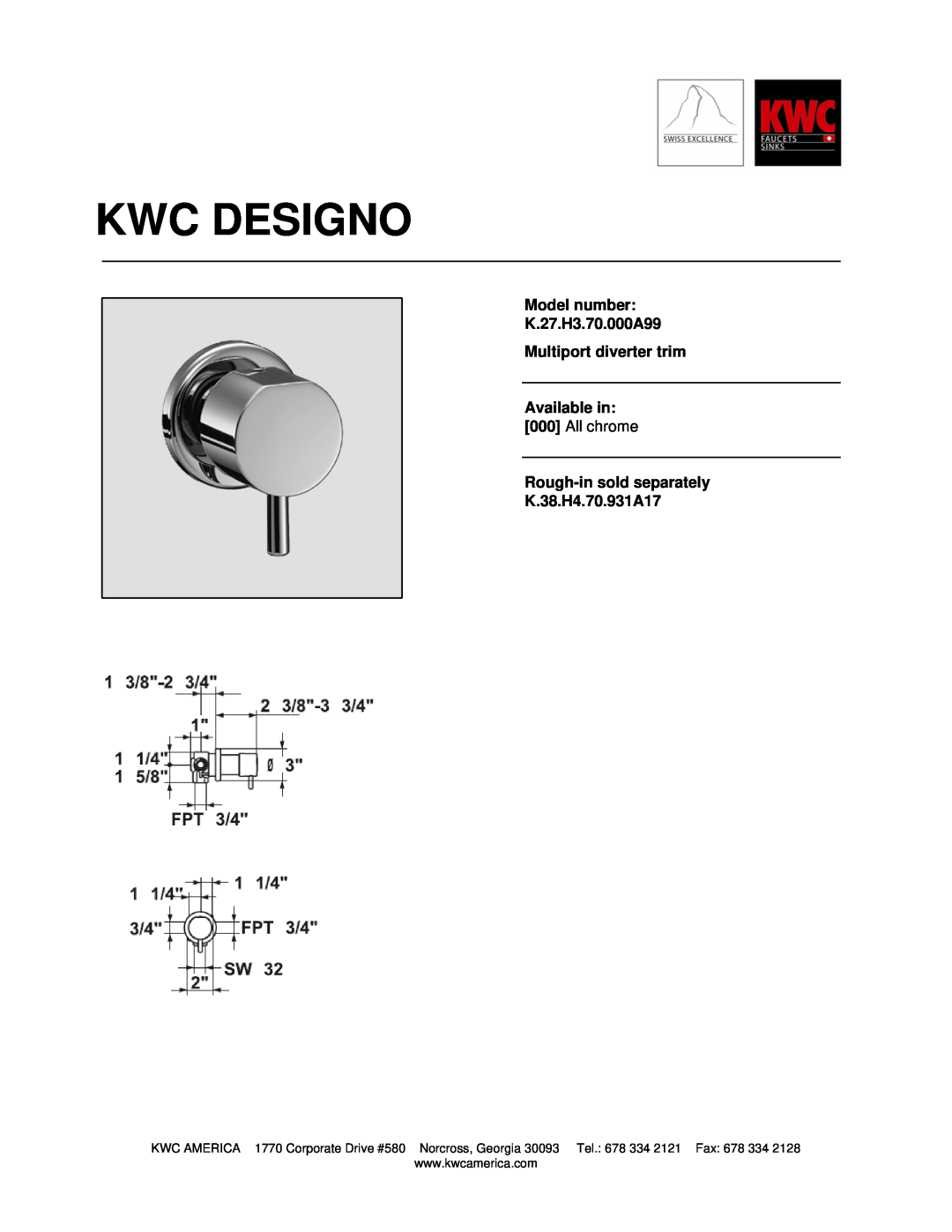 KWC manual Kwc Designo, Model number K.27.H3.70.000A99, Multiport diverter trim, Available in 000 All chrome 