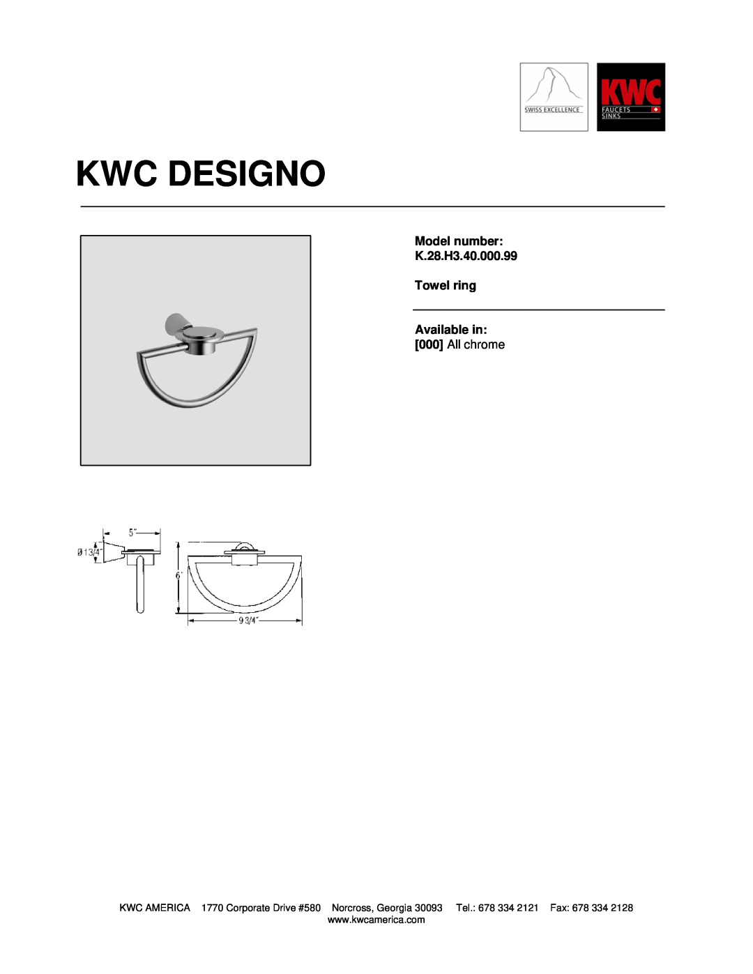 KWC manual Kwc Designo, Model number K.28.H3.40.000.99 Towel ring, Available in 000 All chrome 