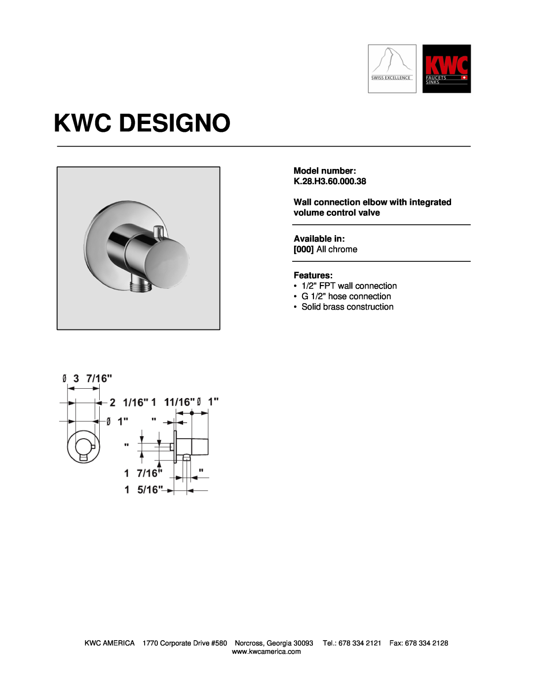 KWC manual Kwc Designo, Model number K.28.H3.60.000.38, Available in: 000 All chrome Features, Solid brass construction 