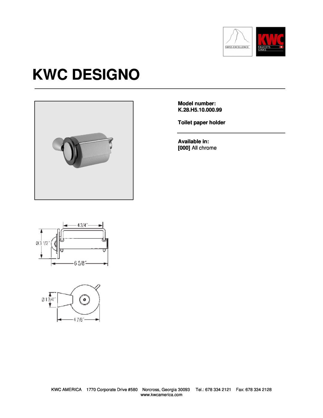 KWC manual Kwc Designo, Model number K.28.H5.10.000.99, Toilet paper holder Available in 000 All chrome 