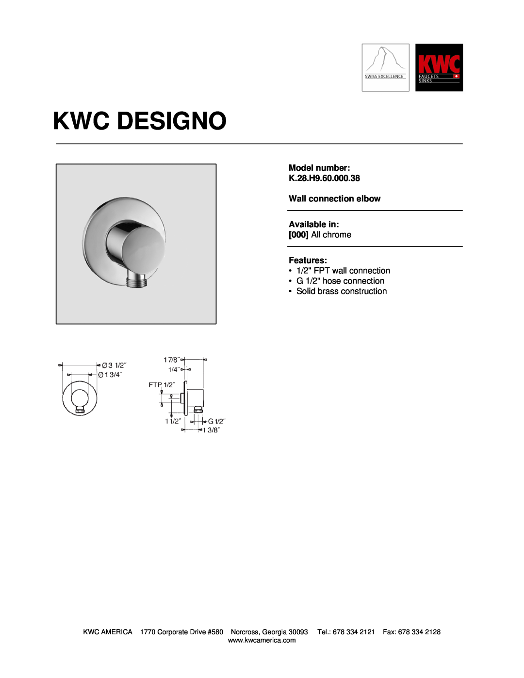 KWC manual Kwc Designo, Model number K.28.H9.60.000.38, Wall connection elbow, Available in 000 All chrome Features 