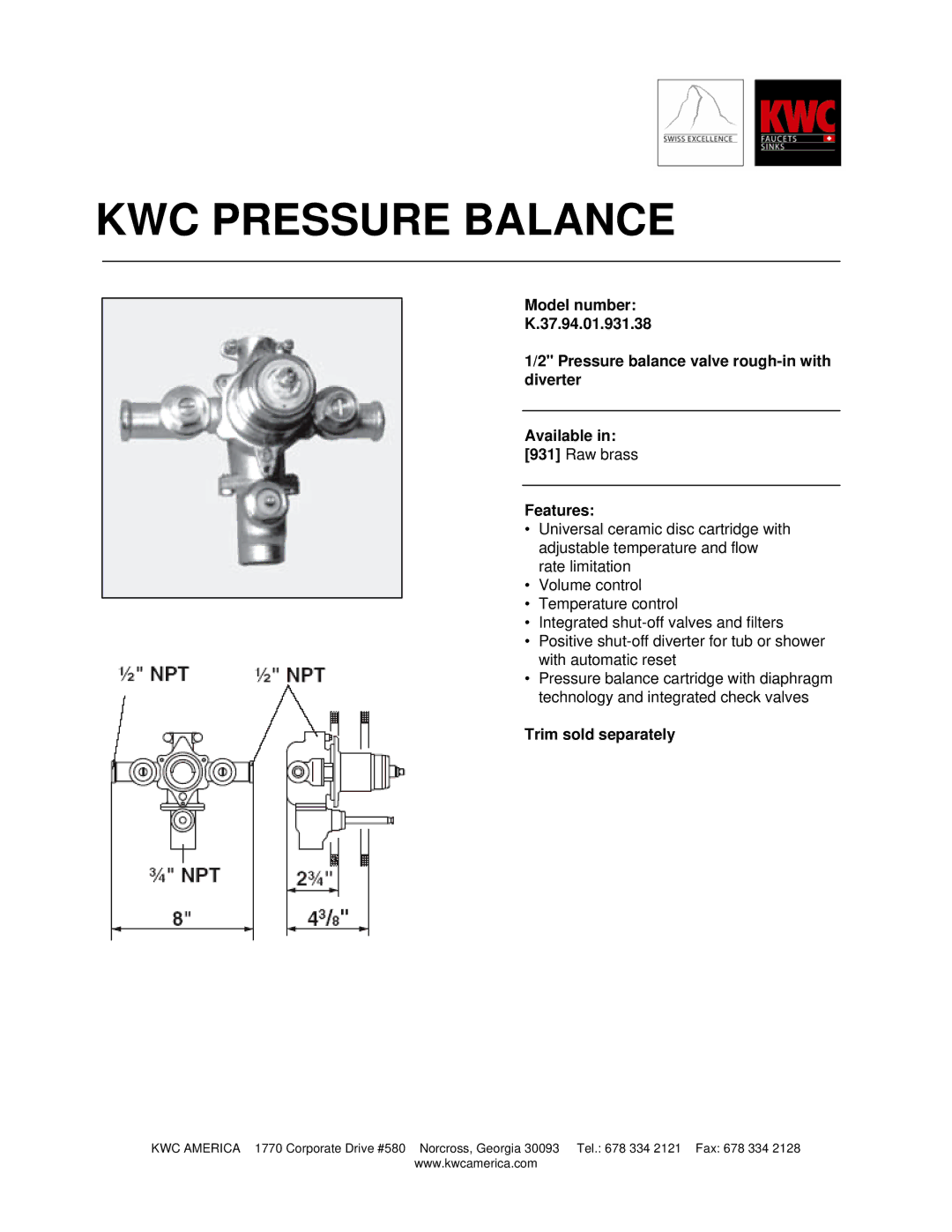 KWC K.37.94.01.931.38 manual KWC Pressure Balance, Features, Trim sold separately 