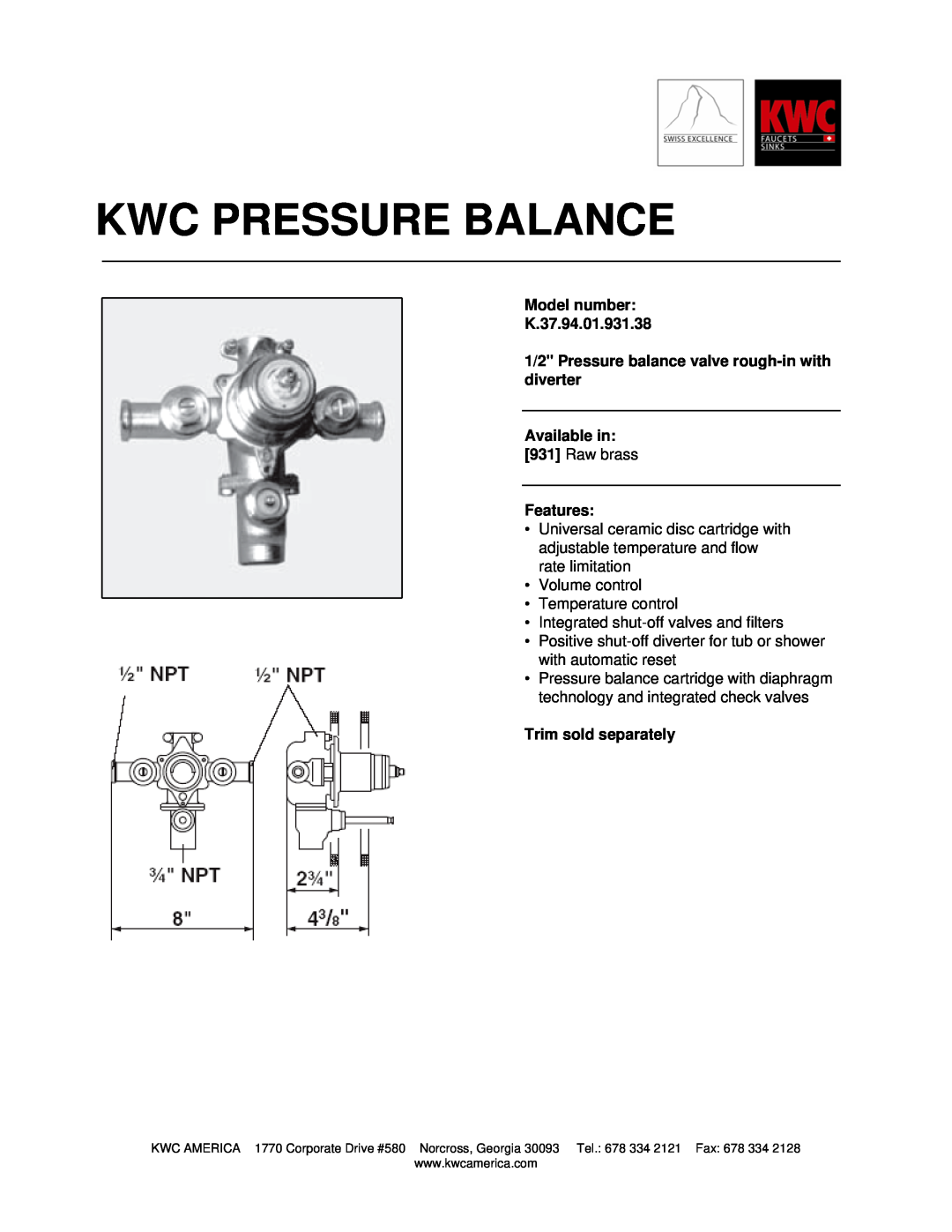 KWC manual Kwc Pressure Balance, Model number K.37.94.01.931.38, 1/2 Pressure balance valve rough-inwith diverter 
