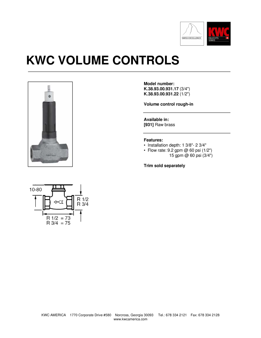 KWC K.38.93.00.931.17 manual KWC Volume Controls 