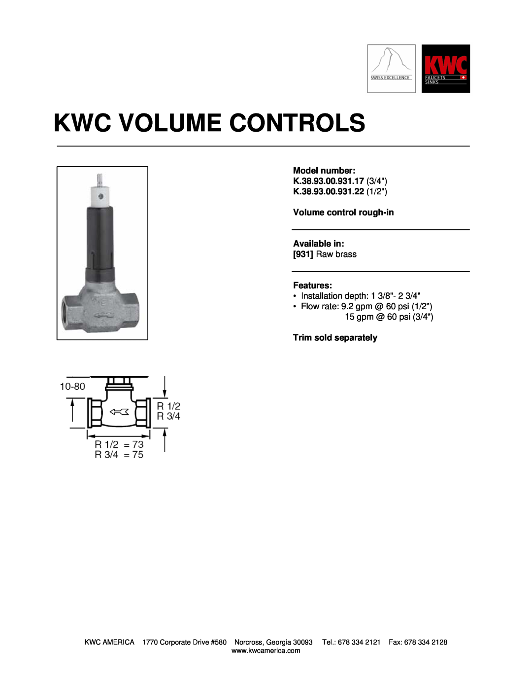 KWC manual Kwc Volume Controls, Model number K.38.93.00.931.17 3/4, K.38.93.00.931.22 1/2 Volume control rough-in 