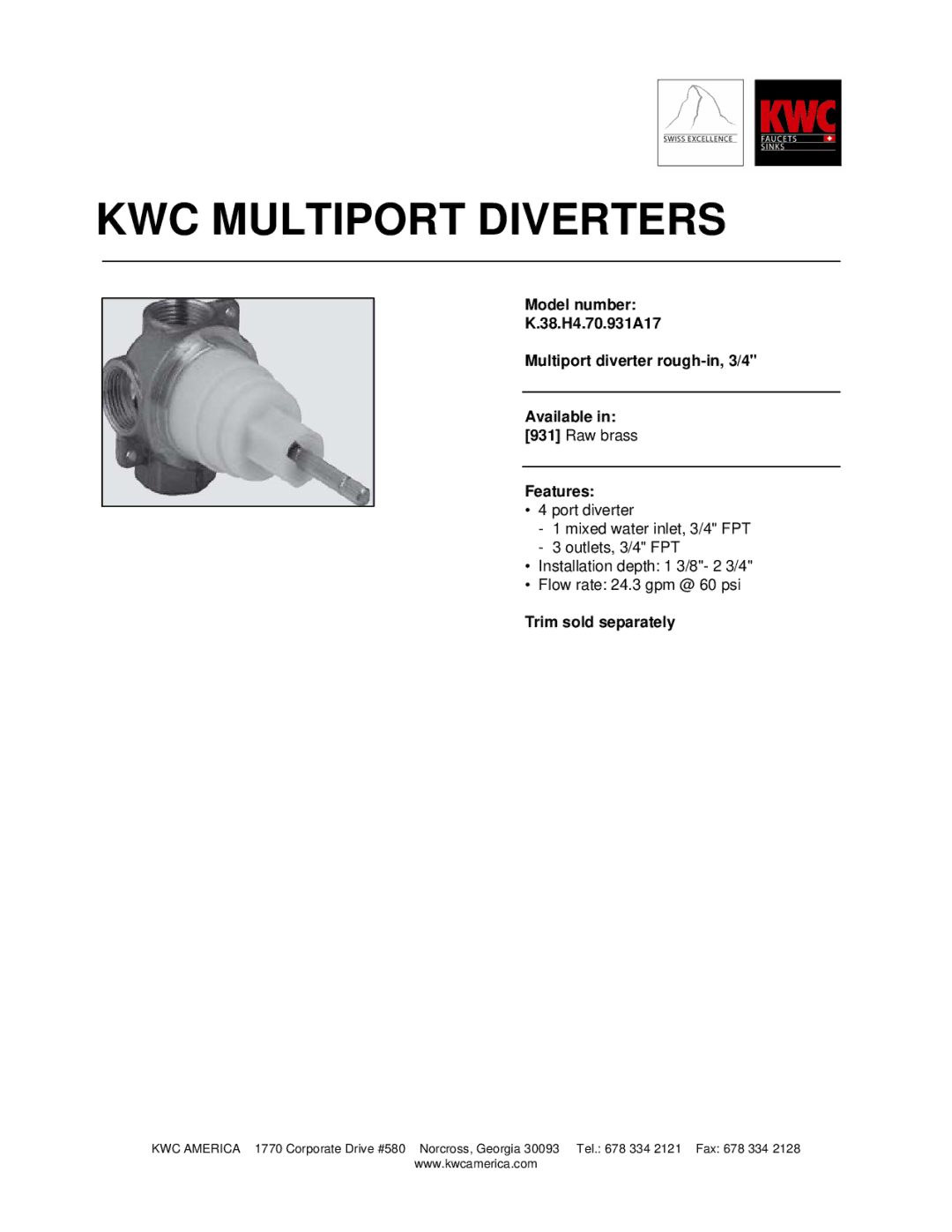 KWC K.38.H4.70.931A17 manual KWC Multiport Diverters, Features, Trim sold separately 