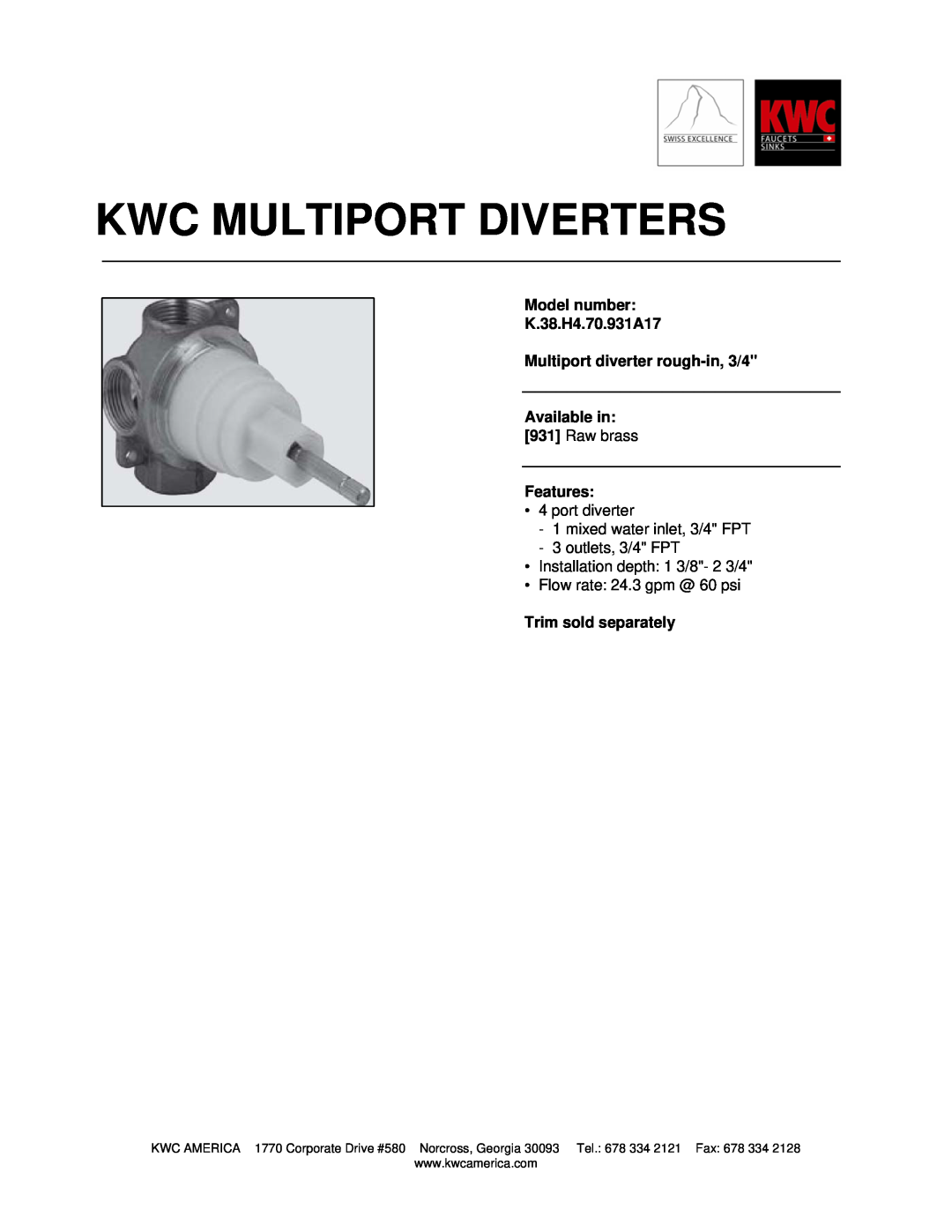 KWC manual Kwc Multiport Diverters, Model number K.38.H4.70.931A17, Multiport diverter rough-in,3/4 Available in 