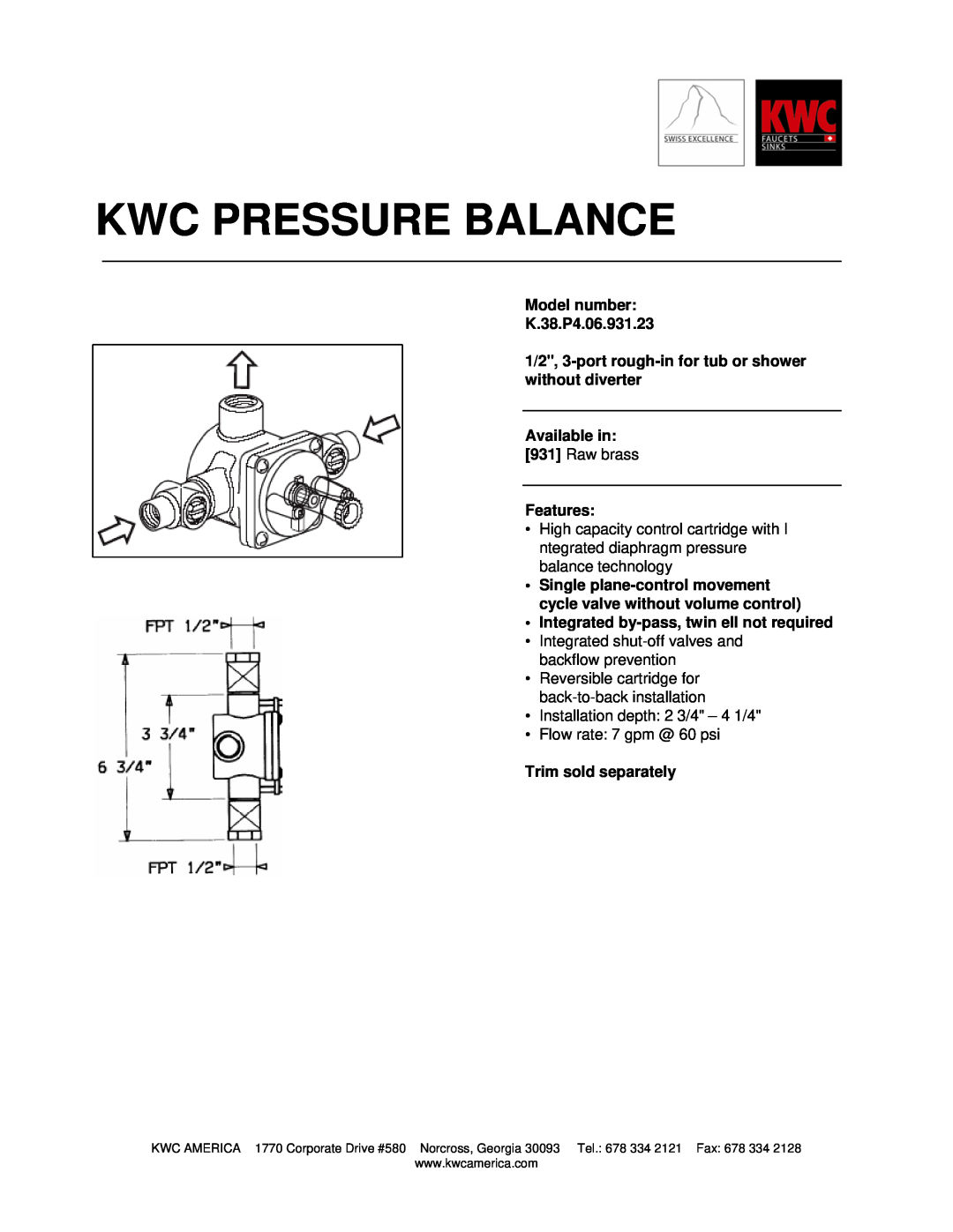 KWC K.38.P4.06.931.23 manual Kwc Pressure Balance 