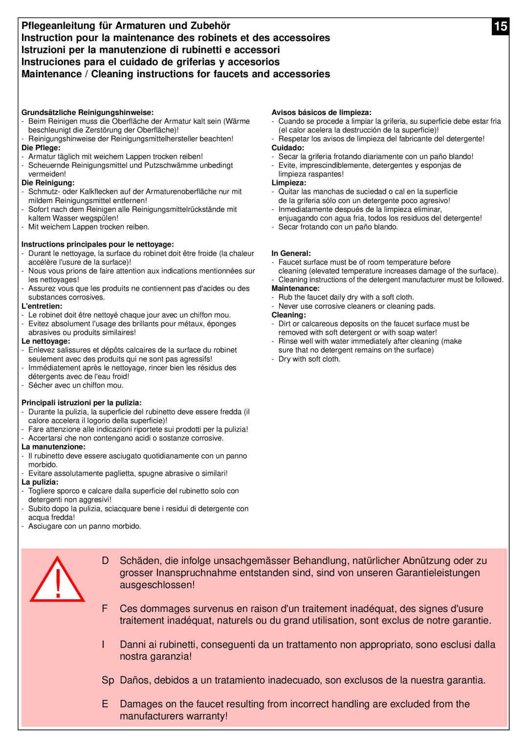 KWC KWC QBIX-ART manual Pflegeanleitung für Armaturen und Zubehör 