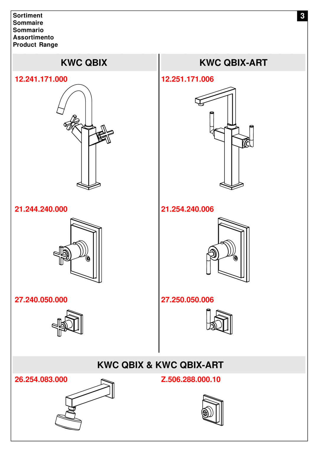 KWC KWC QBIX-ART manual Kwc Qbix & Kwc Qbix-Art, 12.241.171.000 21.244.240.000 27.240.050.000, 26.254.083.000 