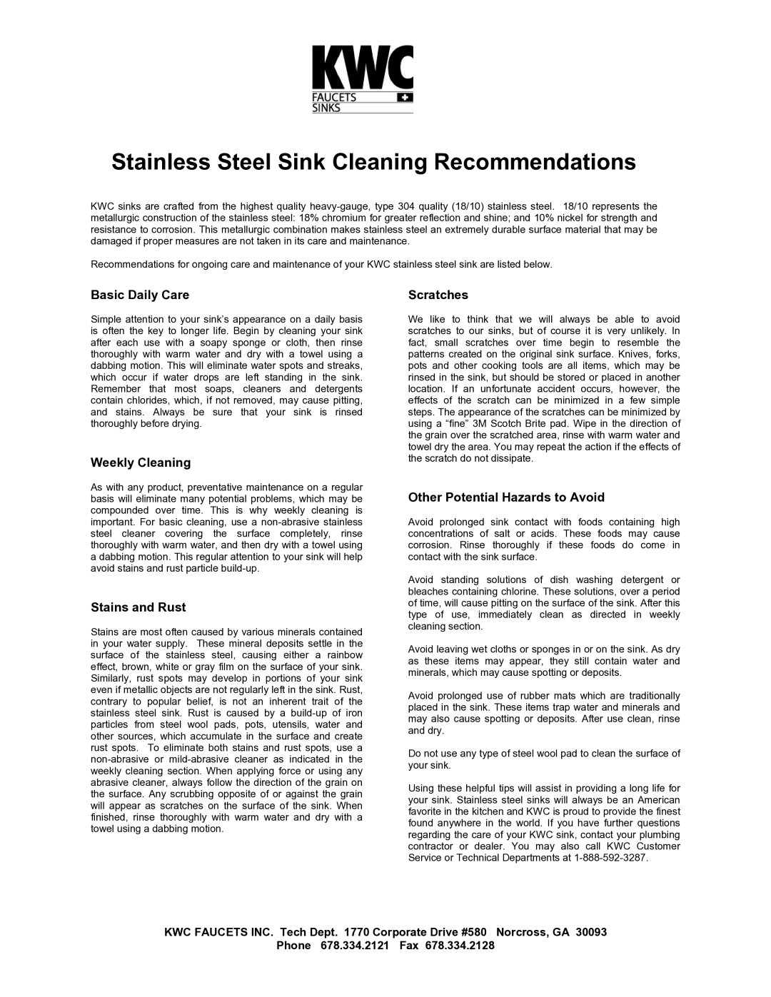 KWC Plumbing Product manual Stainless Steel Sink Cleaning Recommendations 