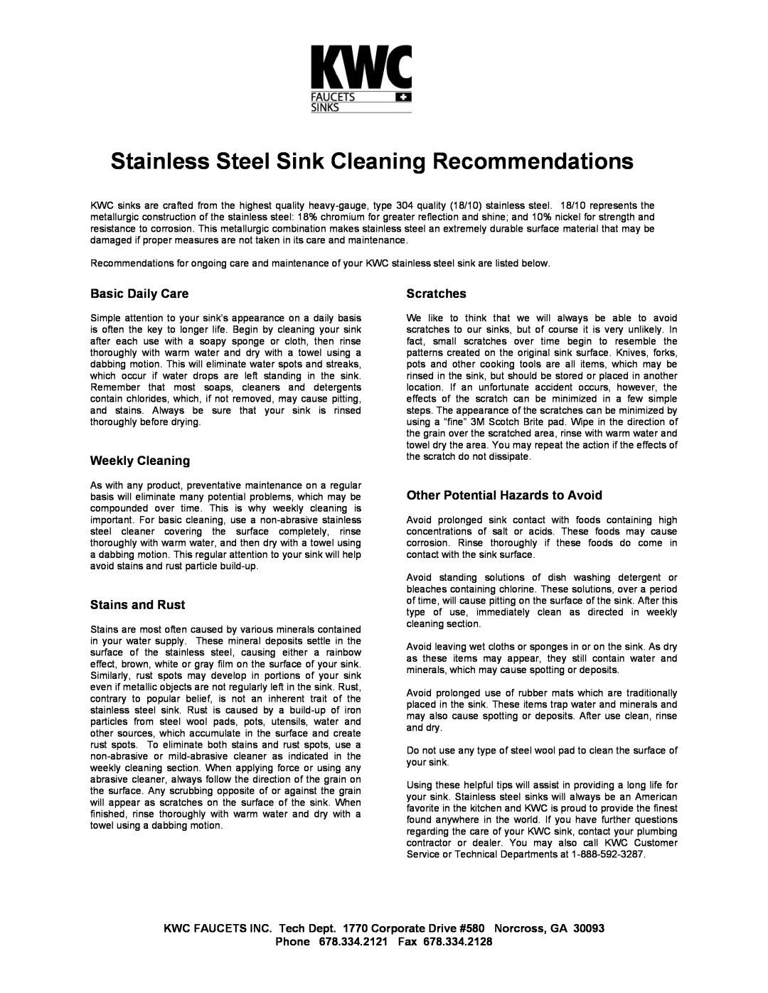 KWC Plumbing Product manual Stainless Steel Sink Cleaning Recommendations, Basic Daily Care, Weekly Cleaning, Scratches 
