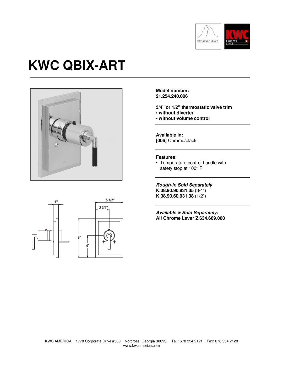 KWC QBIX-ART manual Kwc Qbix-Art, Rough-in Sold Separately, Available & Sold Separately 