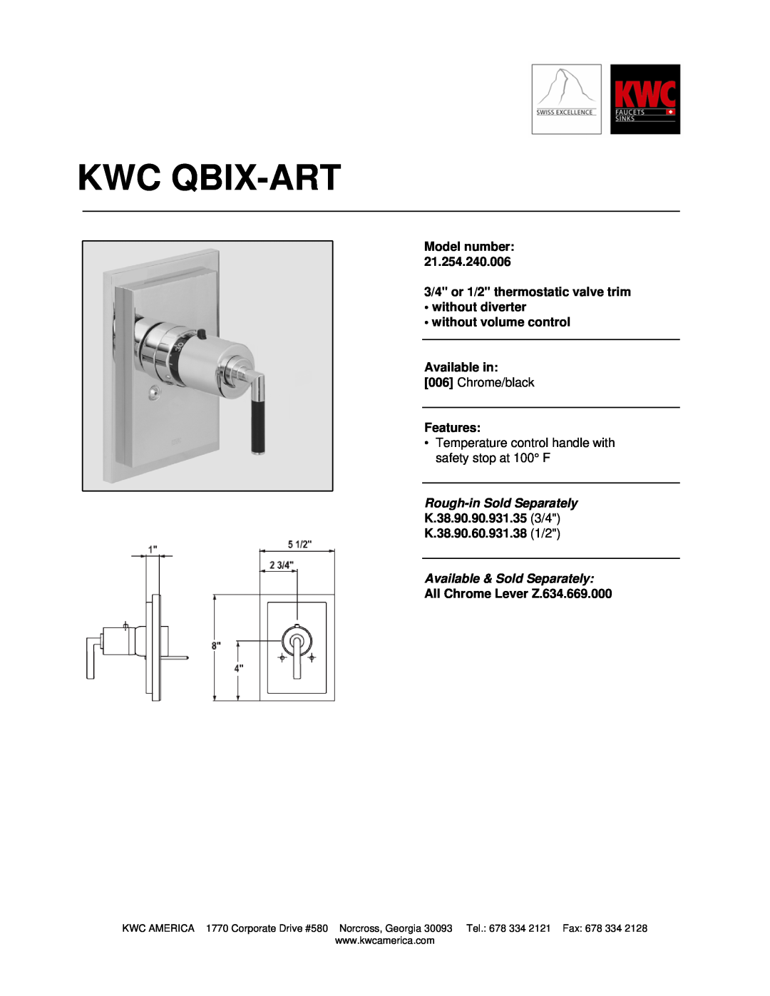 KWC QBIX-ART manual Kwc Qbix-Art, Model number 3/4 or 1/2 thermostatic valve trim, without diverter without volume control 