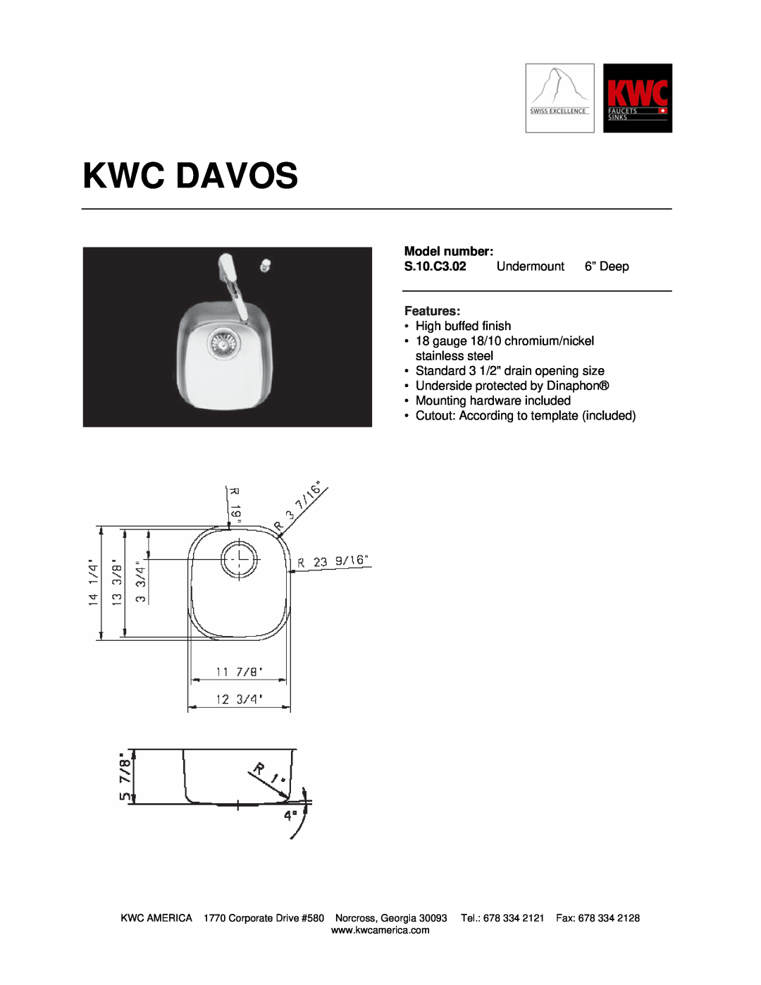 KWC S.10.C3.02 manual Kwc Davos, Model number, Features 