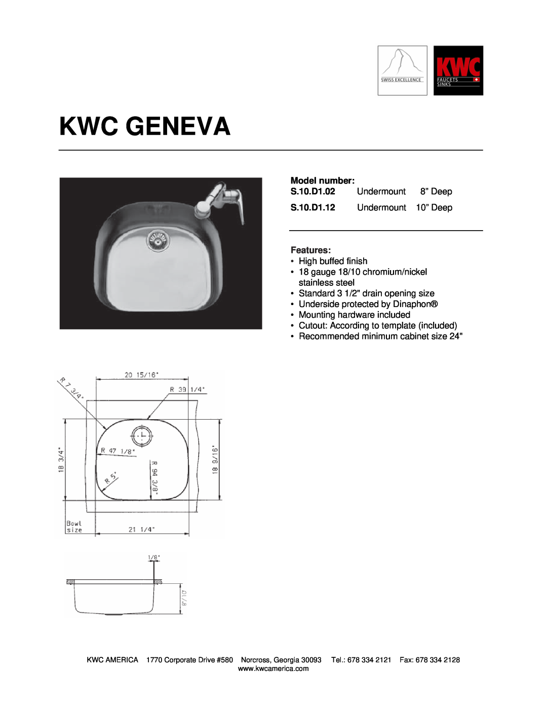 KWC S.10.D1.12 manual Kwc Geneva, Model number, S.10.D1.02, Features 