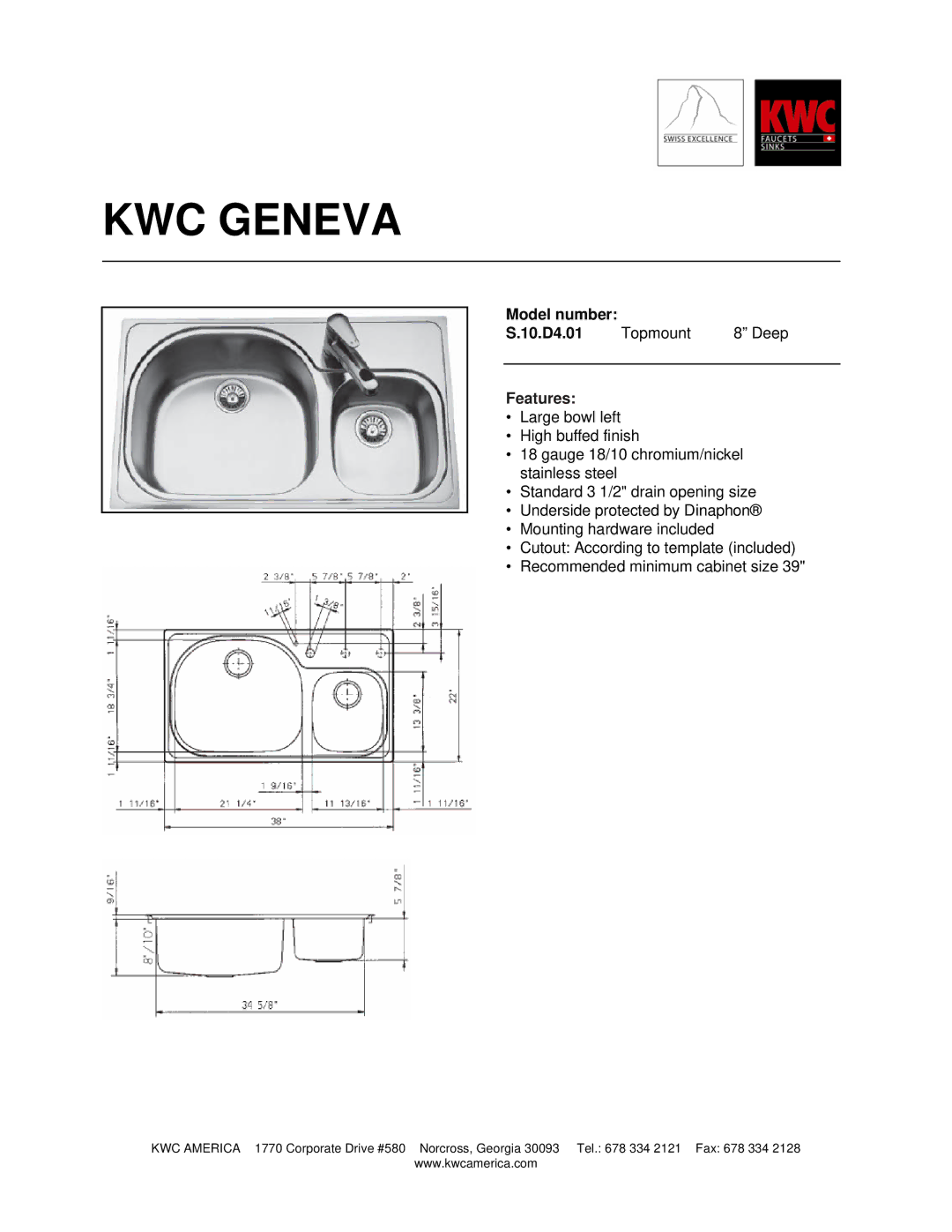 KWC S.10.D4.01 manual KWC Geneva, Features 