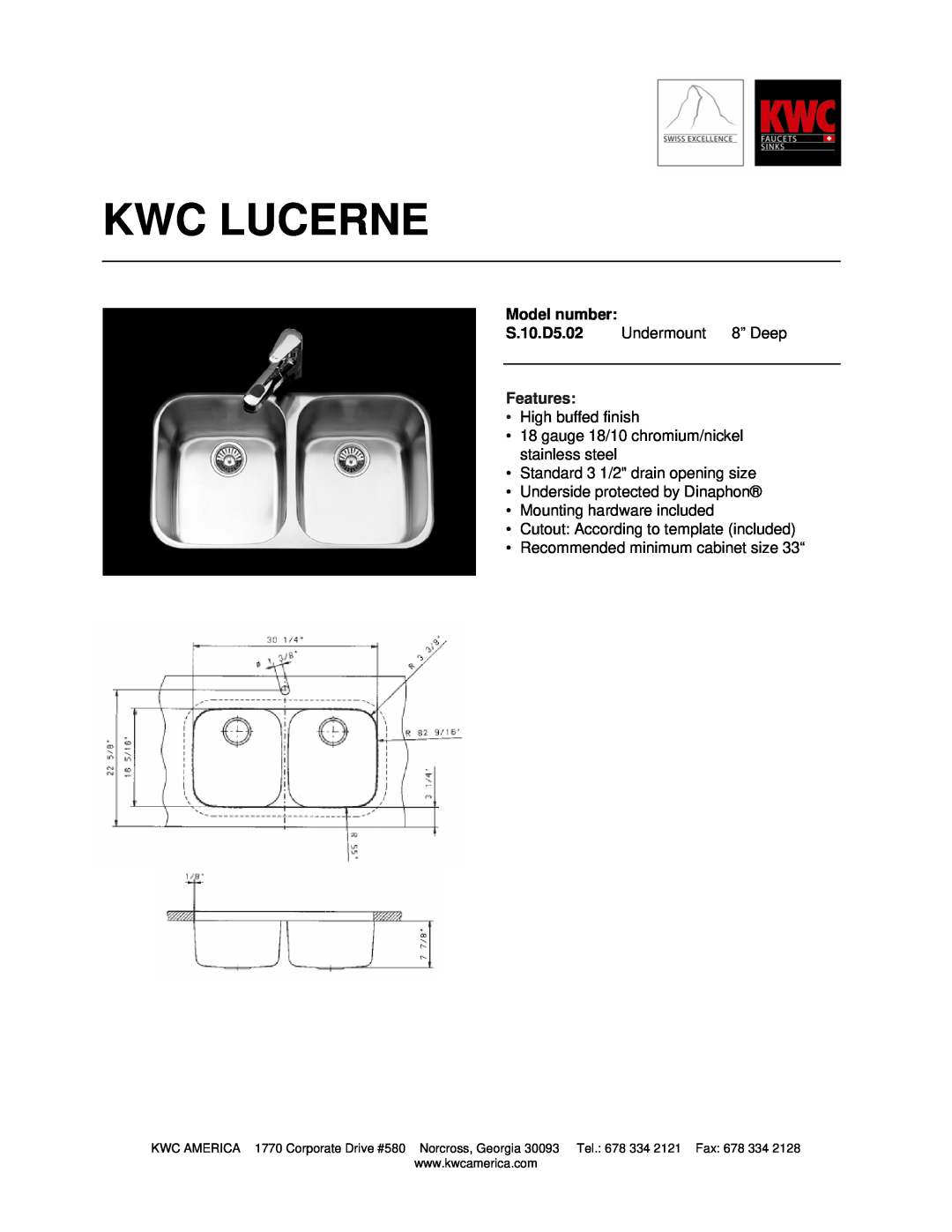 KWC S.10.D5.02 manual Kwc Lucerne, Model number, Features 