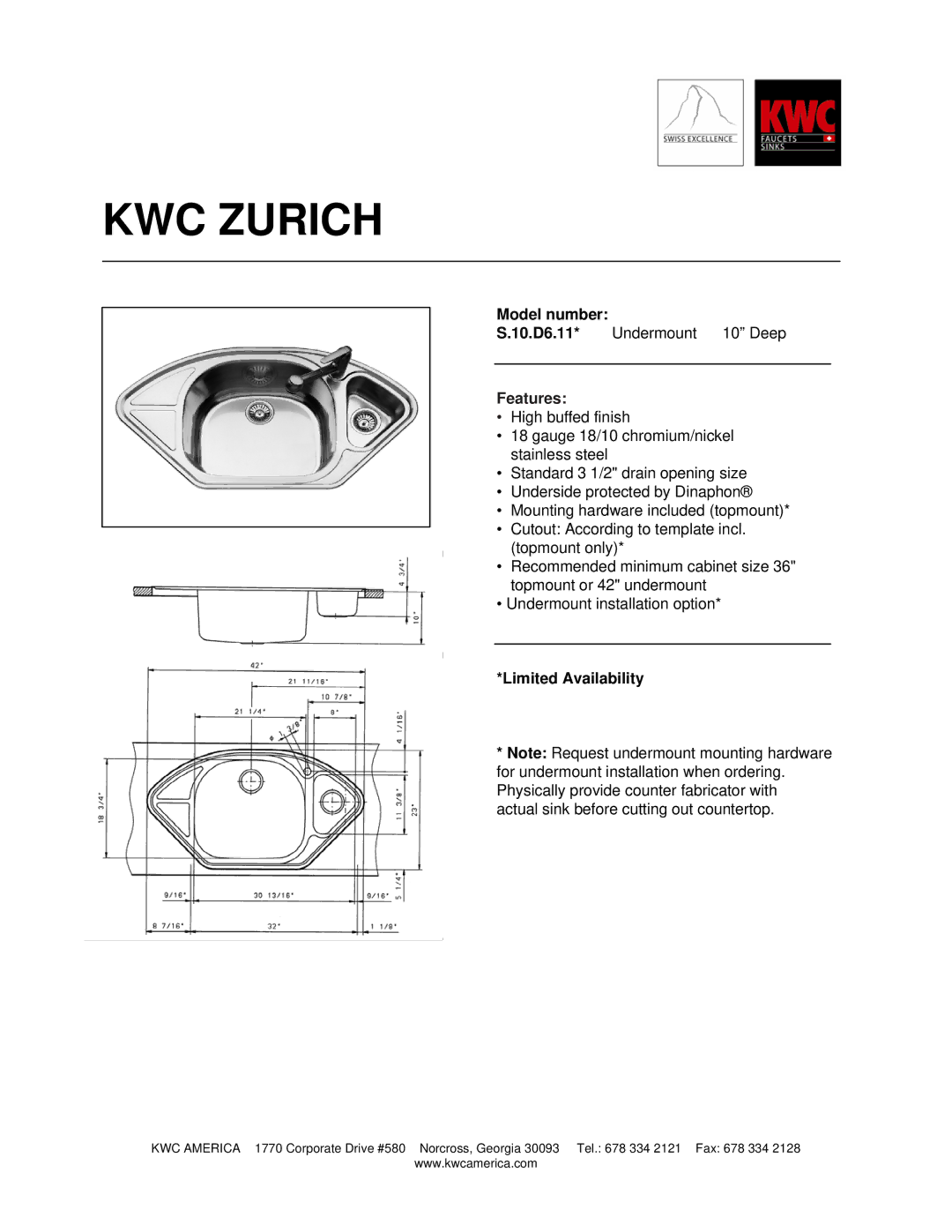 KWC S.10.D6.11 manual KWC Zurich, Features 