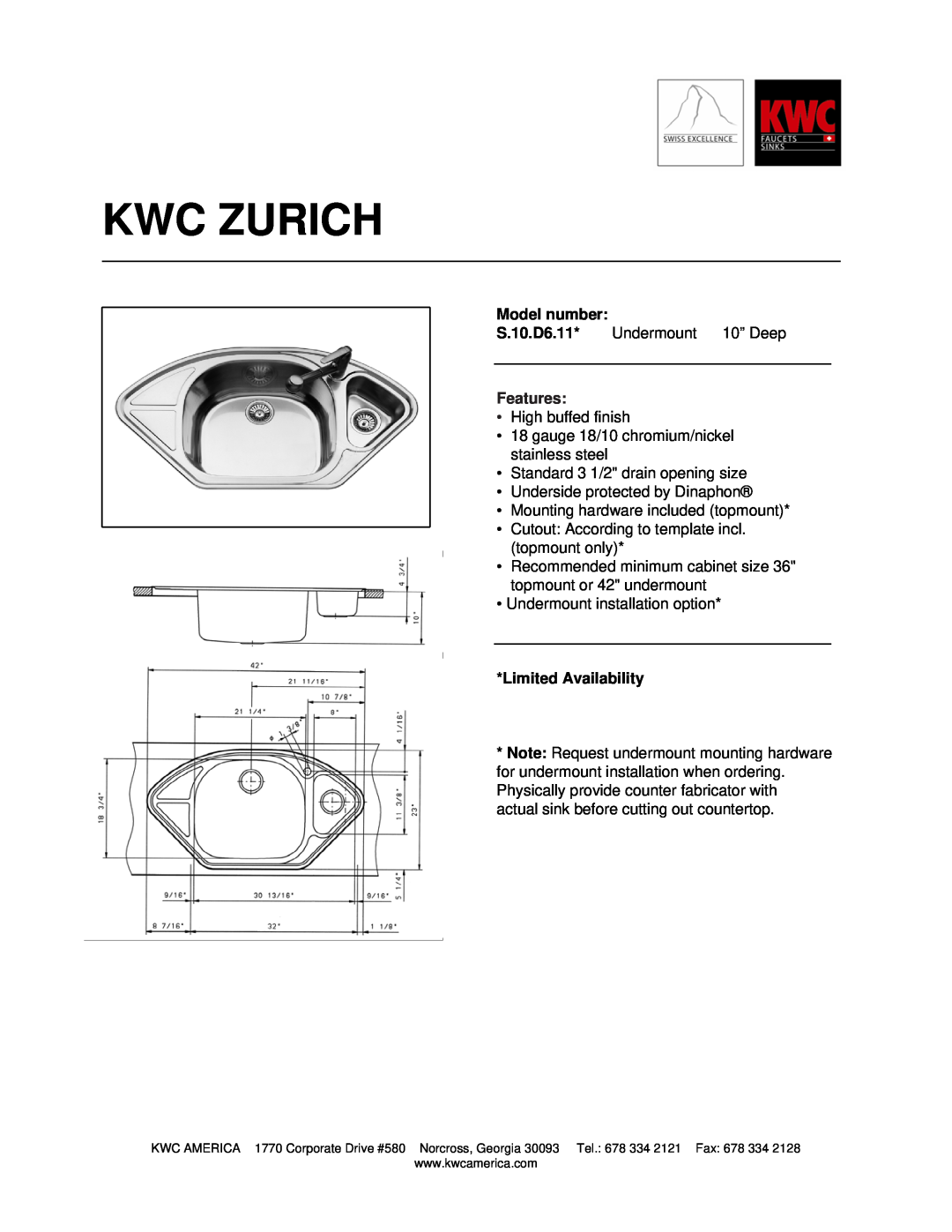 KWC S.10.D6.11 manual Kwc Zurich, Model number, Features, Limited Availability 