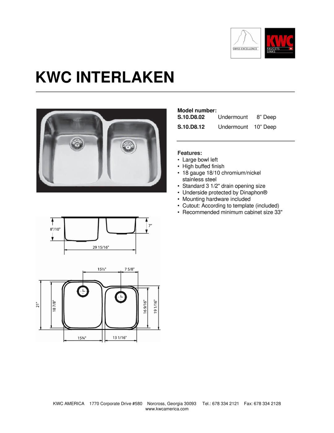 KWC S.10.D8.02, S.10.D8.12 manual KWC Interlaken, Features 