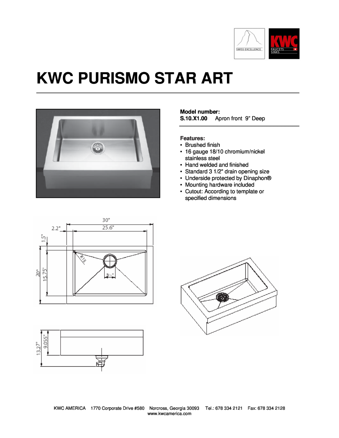 KWC S.10.X1.00 dimensions Kwc Purismo Star Art, Model number, Features 
