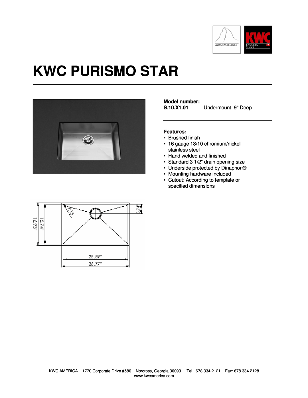 KWC S.10.X1.01 dimensions Kwc Purismo Star, Model number, Features 