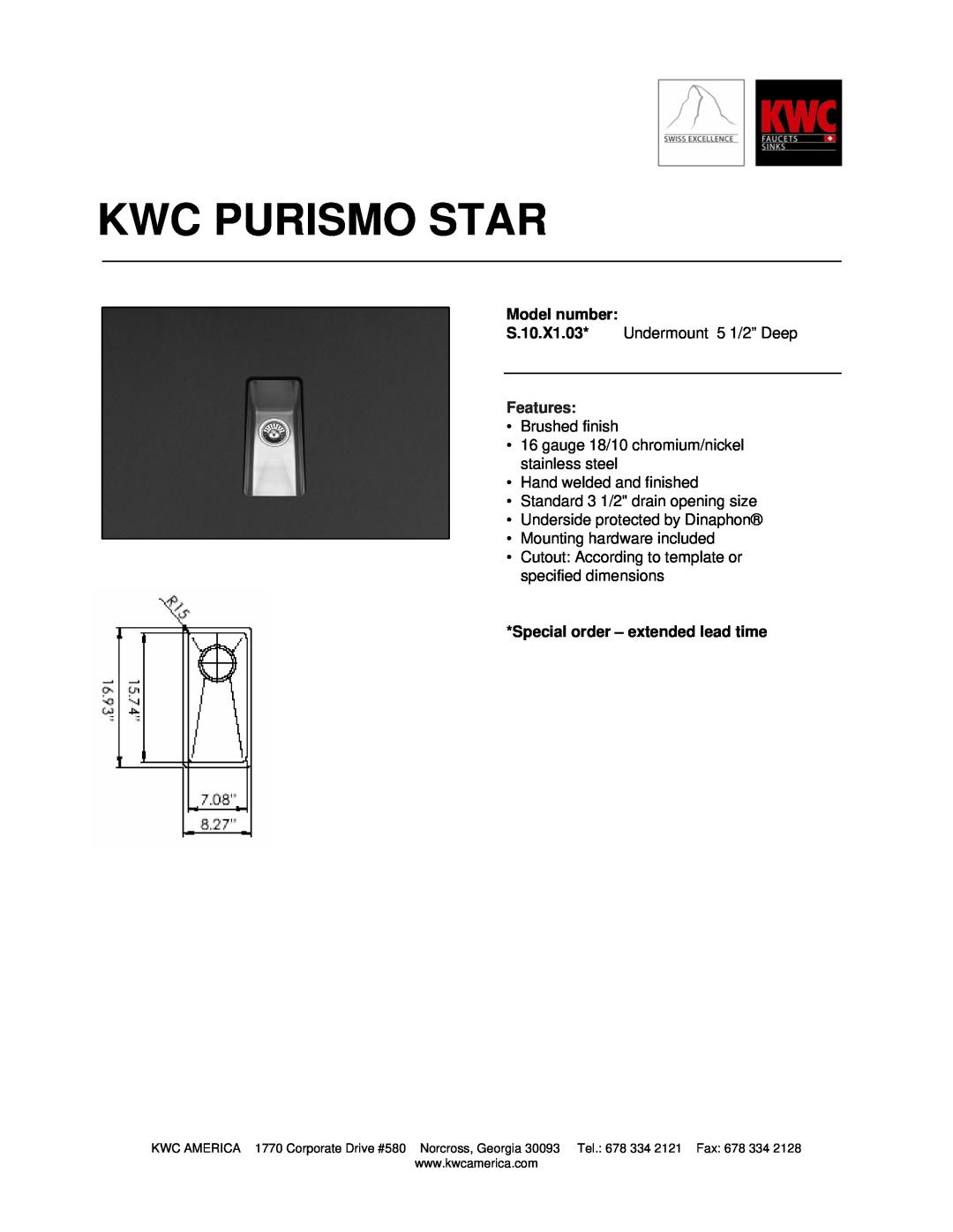 KWC S.10.X1.03 dimensions Kwc Purismo Star, Model number, Features, Special order - extended lead time 
