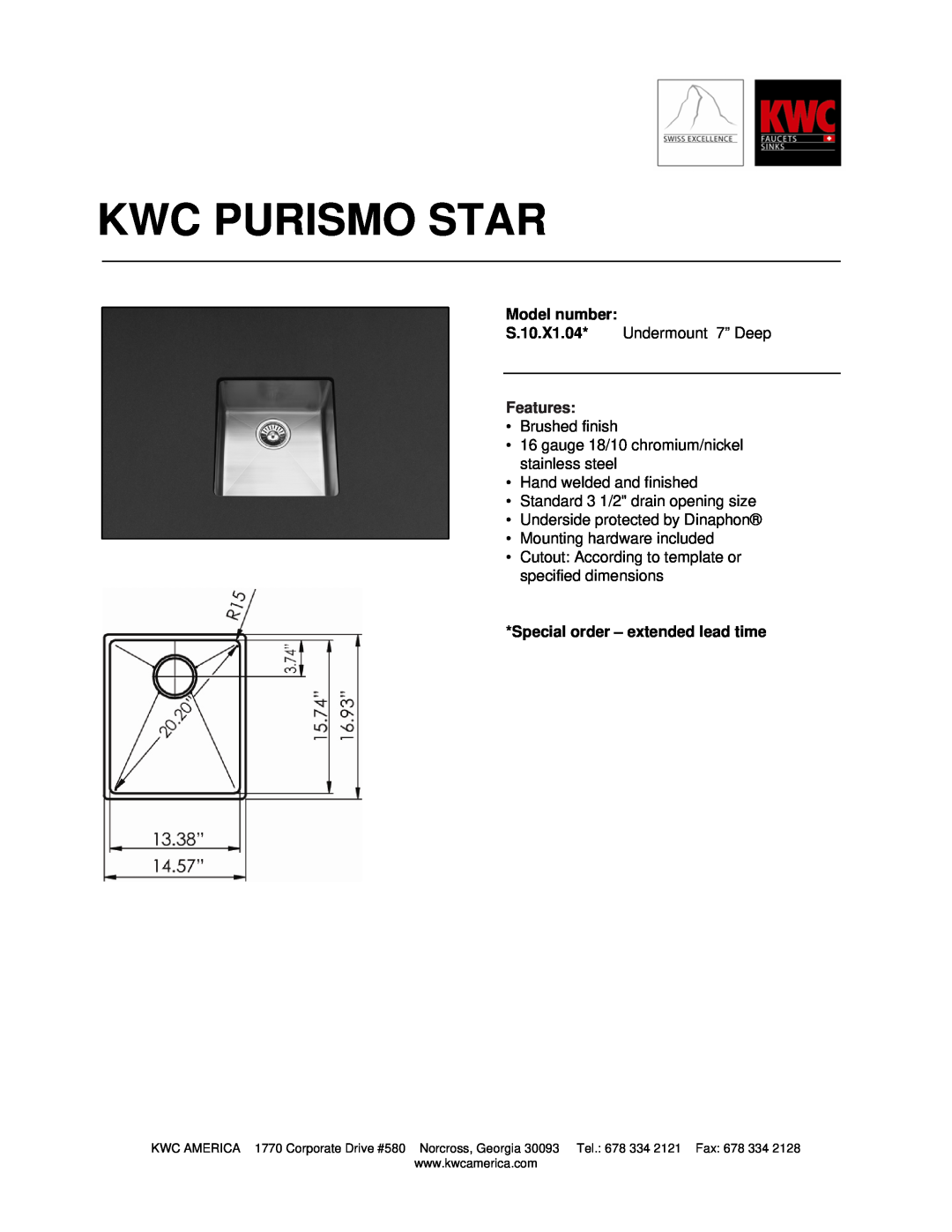 KWC S.10.X1.04* dimensions Kwc Purismo Star, Model number, Features, Special order - extended lead time 