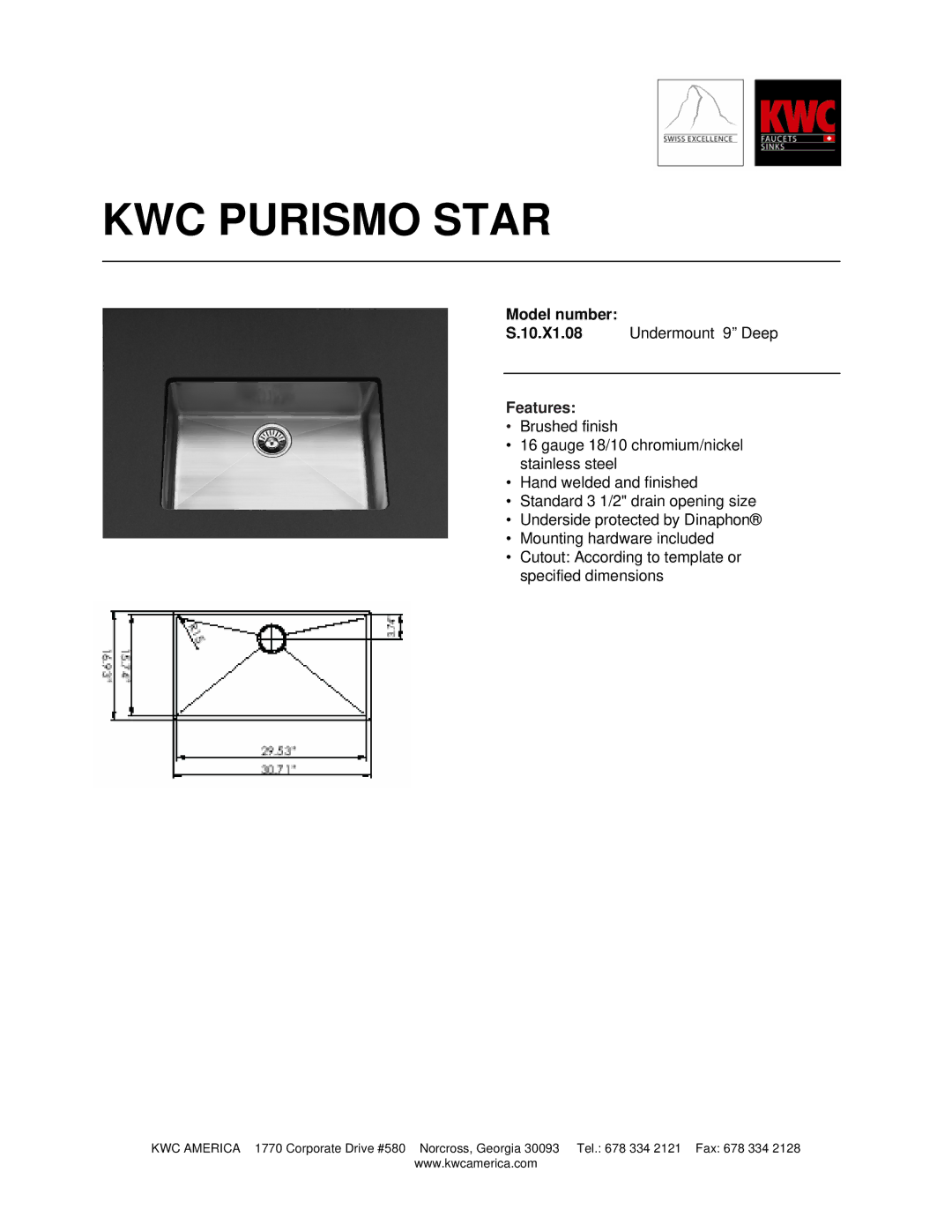 KWC S.10.X1.08 dimensions KWC Purismo Star, Features 