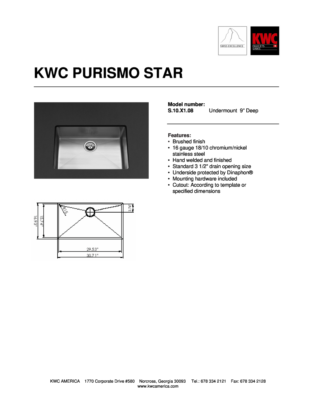 KWC S.10.X1.08 dimensions Kwc Purismo Star, Model number, Features 