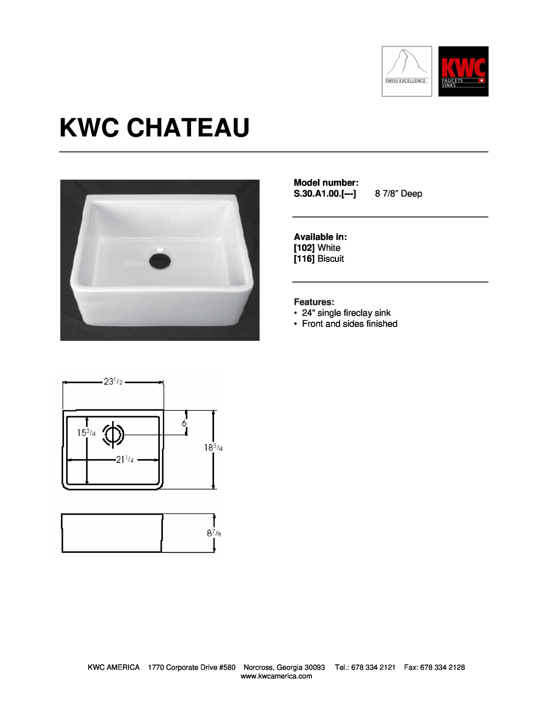 KWC S.30.A1.00 manual Kwc Chateau, Model number, 8 7/8” Deep, Available in 102 White, Biscuit, Features 