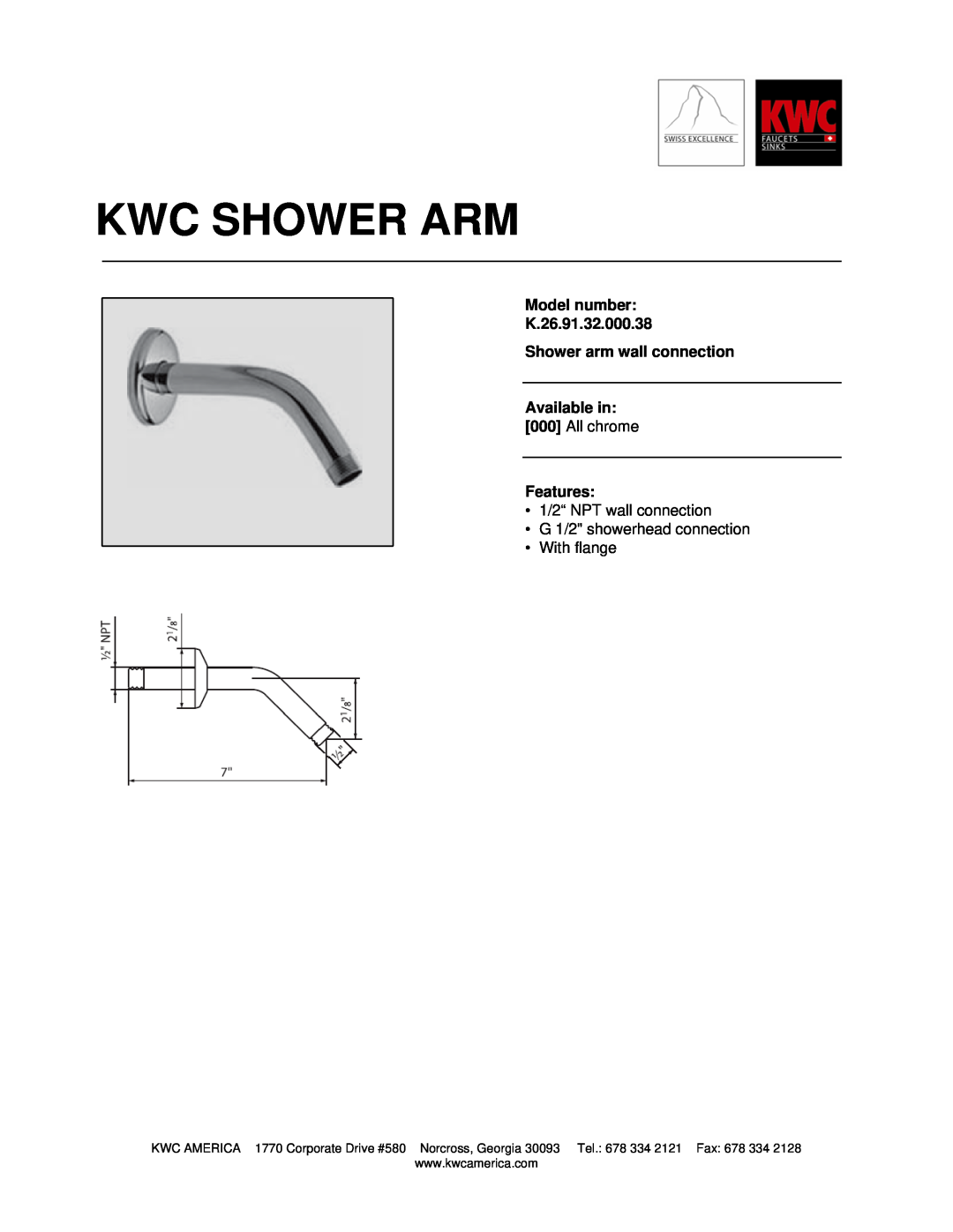 KWC manual Kwc Shower Arm, Model number K.26.91.32.000.38, Shower arm wall connection, 1/2“ NPT wall connection 