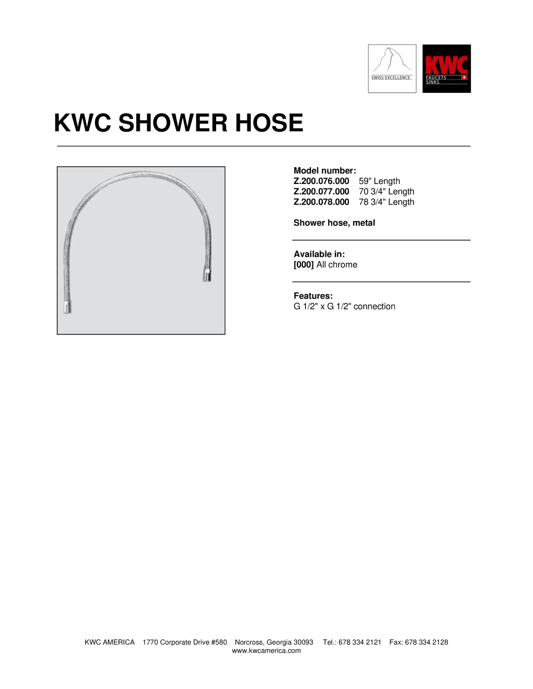 KWC Z.200.077.000, Z.200.078.000, Z.200.076.000 manual KWC Shower Hose, Features 