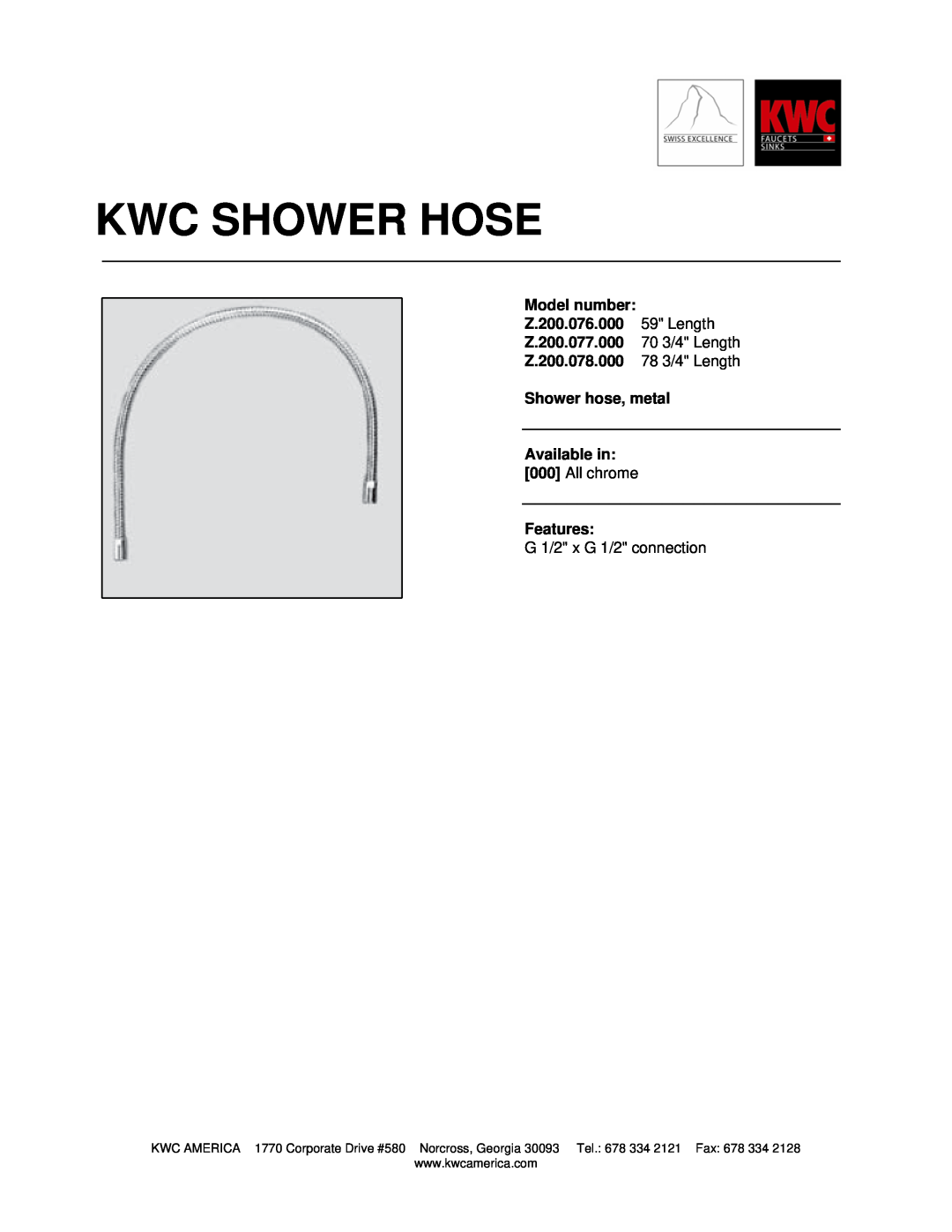 KWC Z.200.077.000 manual Kwc Shower Hose, Model number, Z.200.076.000, 70 3/4 Length, Z.200.078.000, 78 3/4 Length 