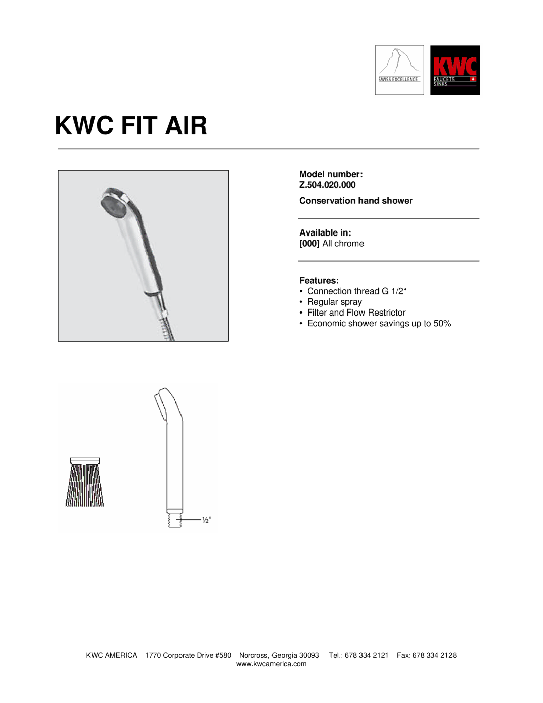 KWC Z.504.020.000 manual Kwc Fit Air, Model number 504.020.000 Conservation hand shower Available, Features 