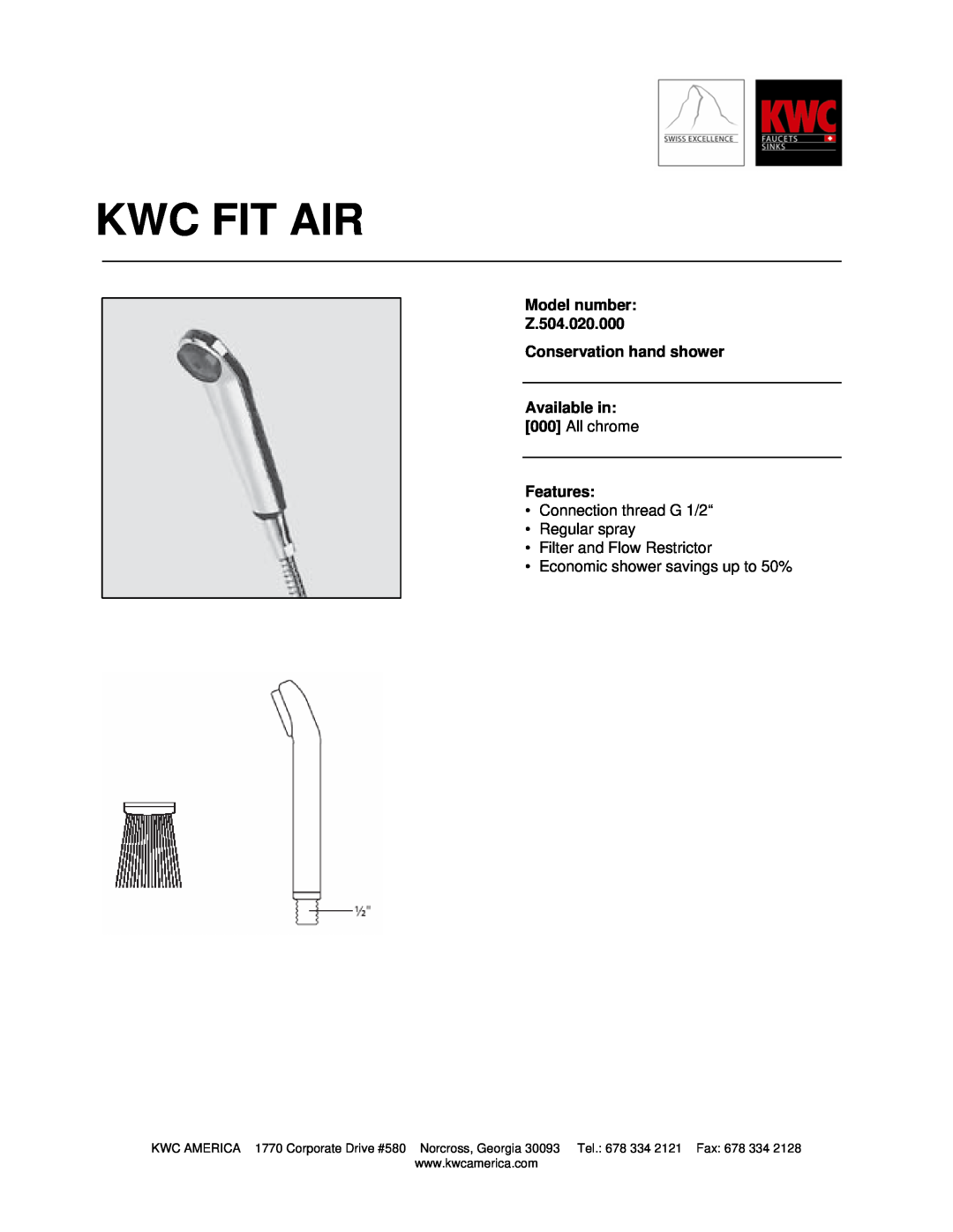 KWC manual Kwc Fit Air, Model number Z.504.020.000, Conservation hand shower Available in, All chrome, Features 