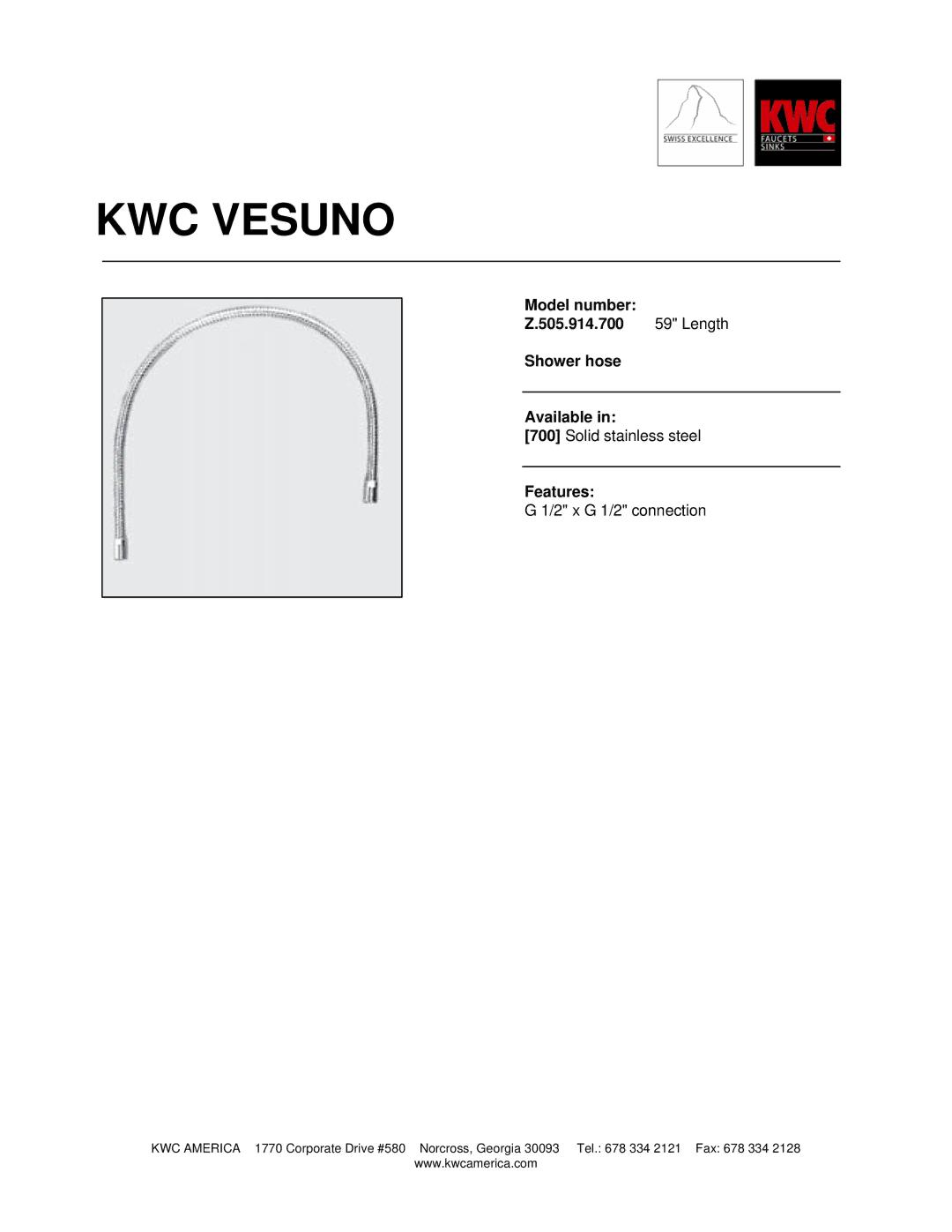 KWC Z.505.914.700 manual KWC Vesuno, Model number 505.914.700 Length Shower hose Available, Features 